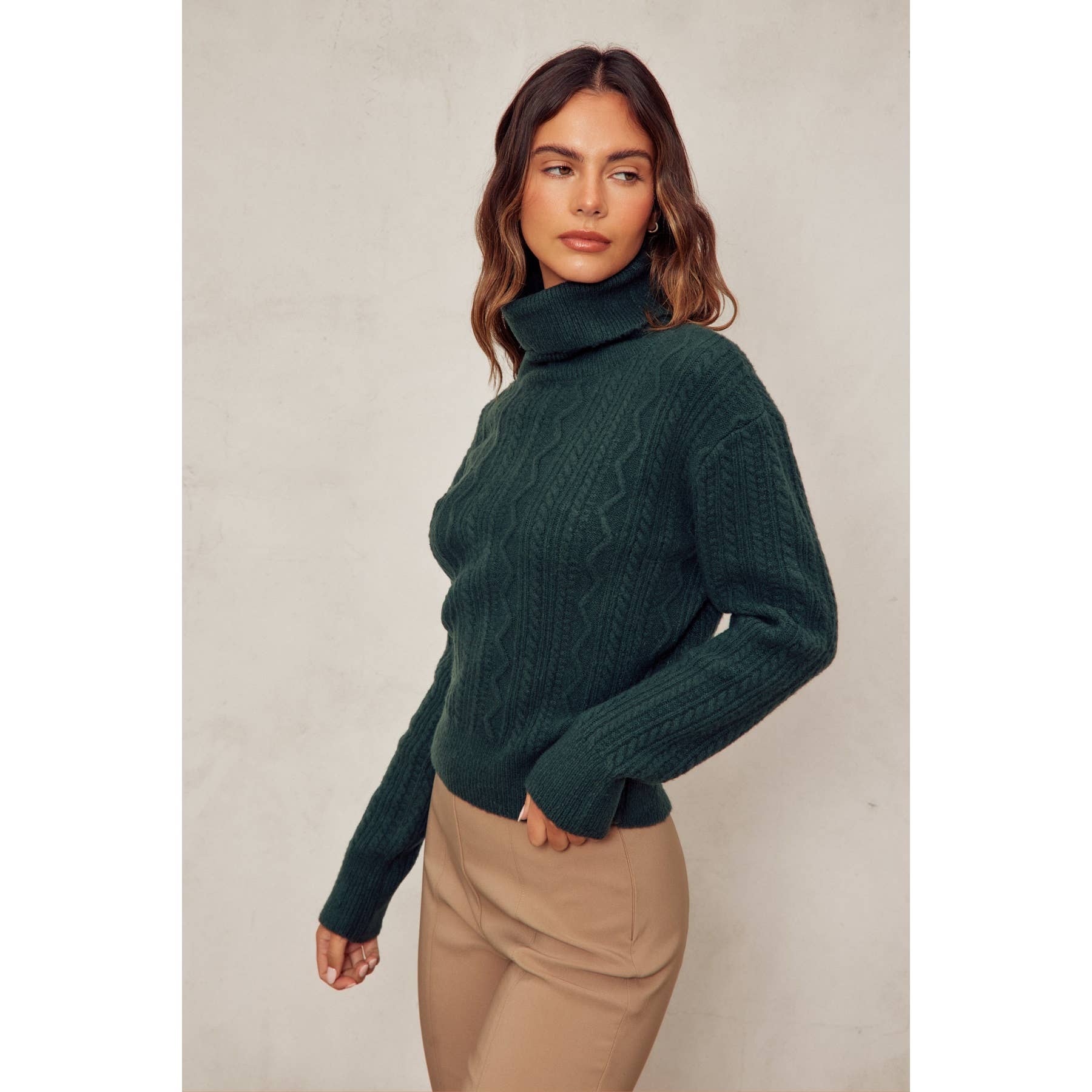 Fluffy Cable Detail Turtle Neck Sweater in Hunter Green