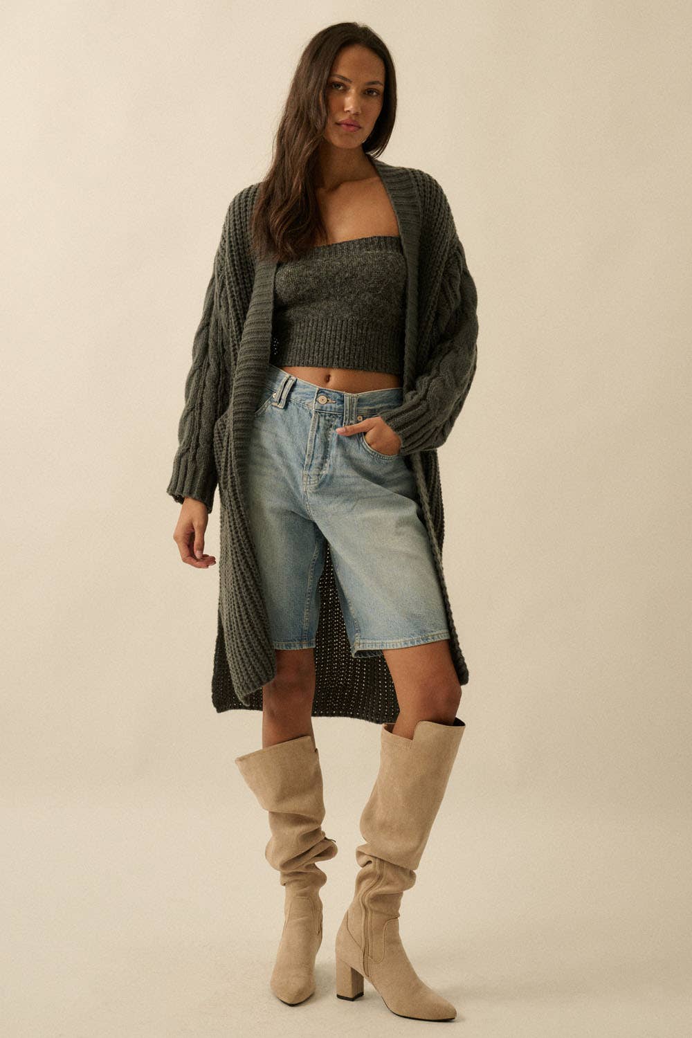 Solid Rib Knit Open Front Cable Knit Cardigan: Charcoal