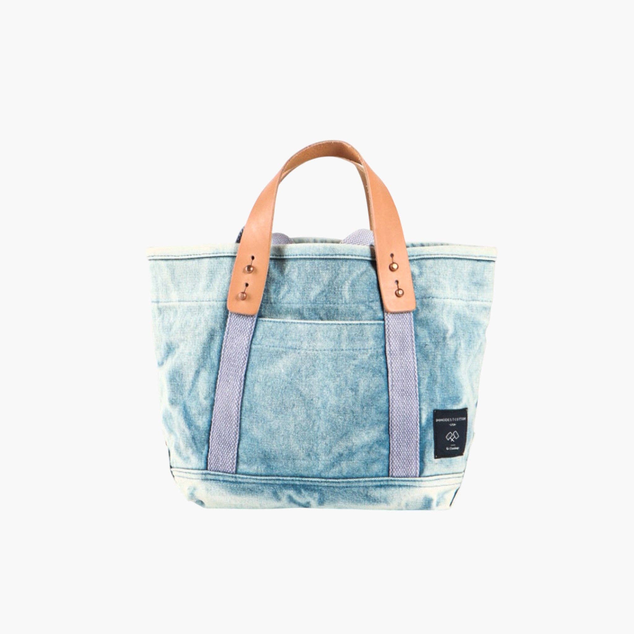 Lunch Tote | Acid Wash canvas bag with leather handles and front pocket in light blue acid wash style