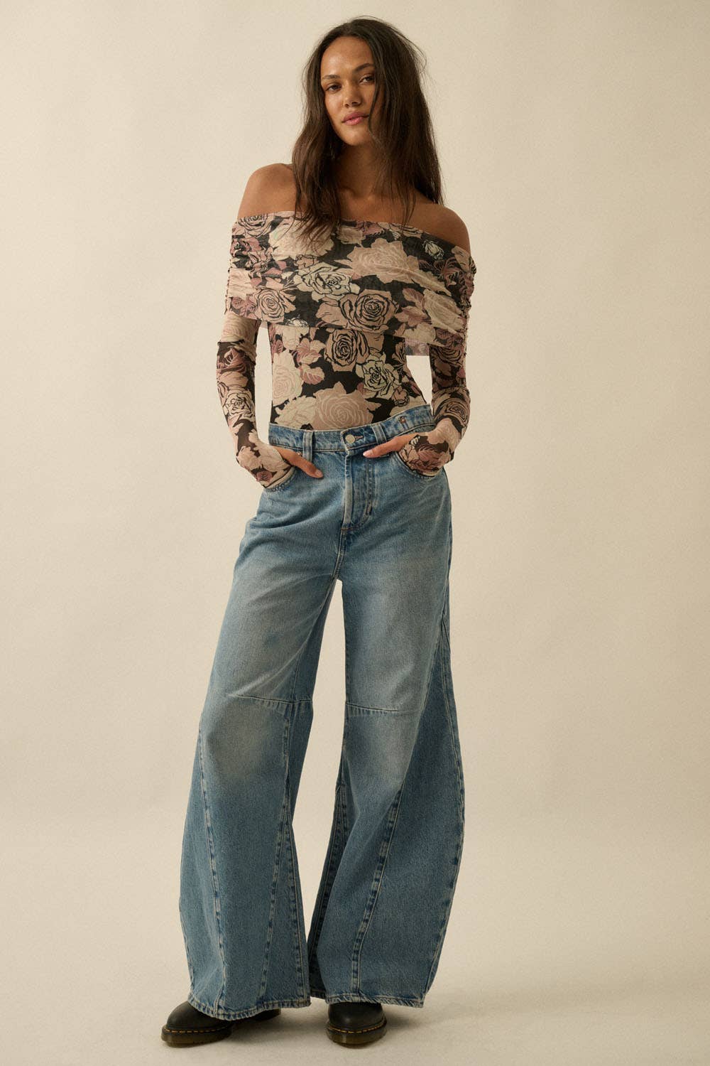 Floral-Print Mesh Off-Shoulder Foldover Bodysuit
