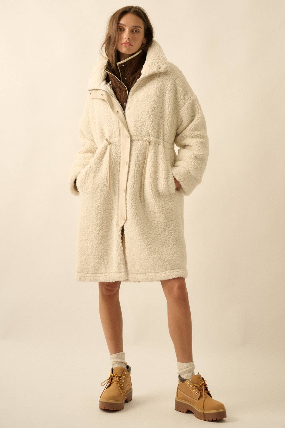 Faux Shearling Zip-Up Drawstring Knee-Length Coat