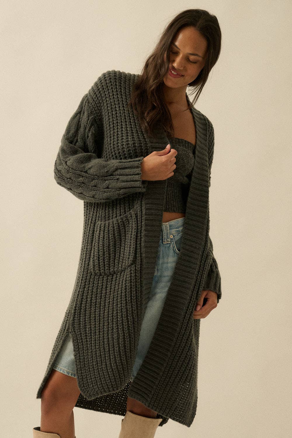 Solid Rib Knit Open Front Cable Knit Cardigan: Charcoal