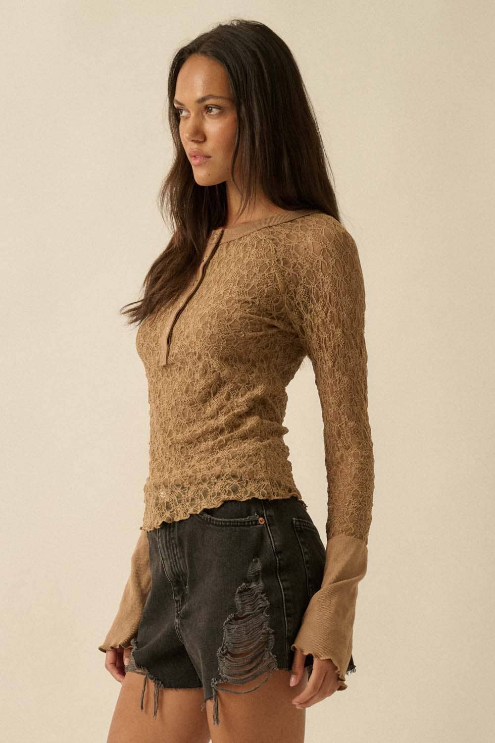 Floral Lace Raglan-Sleeve Henley Top