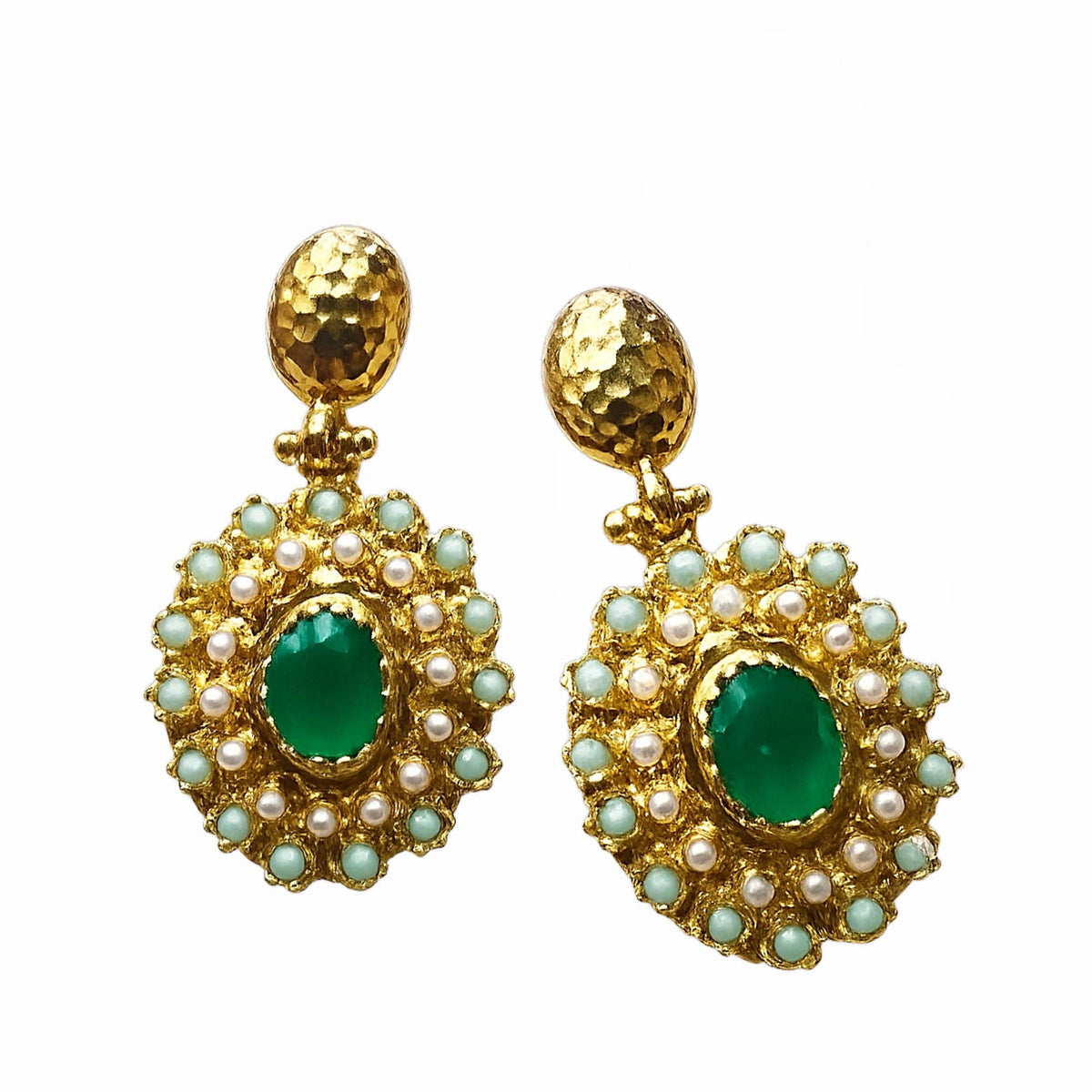 Gulya Emerald and Pearl Pendant Earrings with gold tone settings, turquoise beads, and pearl accents