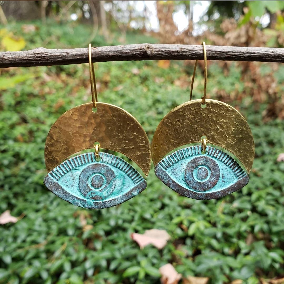 Hear No Evil Eye Verdigris Brass Earrings