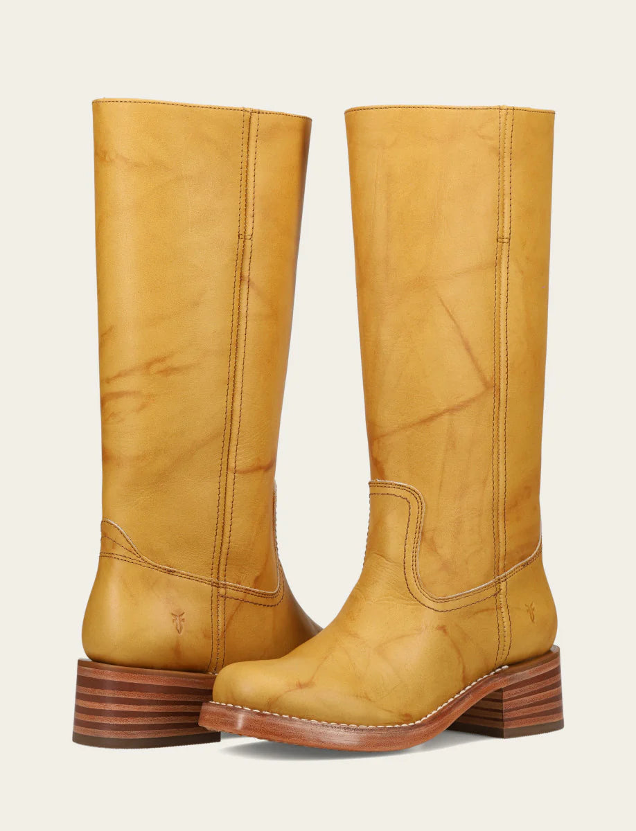 Frye CAMPUS 14L Leather Boot in Banana tall leather boots with stacked wooden heels in a vibrant yellow shade