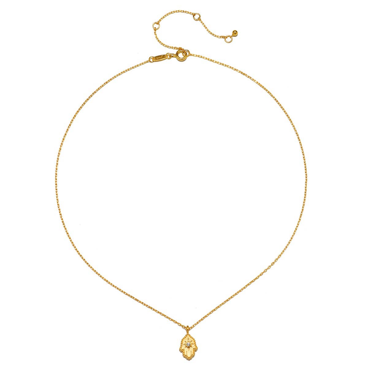 The Satya Jewelry Protective Hand White Topaz Hamsa Necklace 16" features a delicate gold hamsa pendant and an adjustable clasp, perfect for layering or pairing with your favorite jewelry.