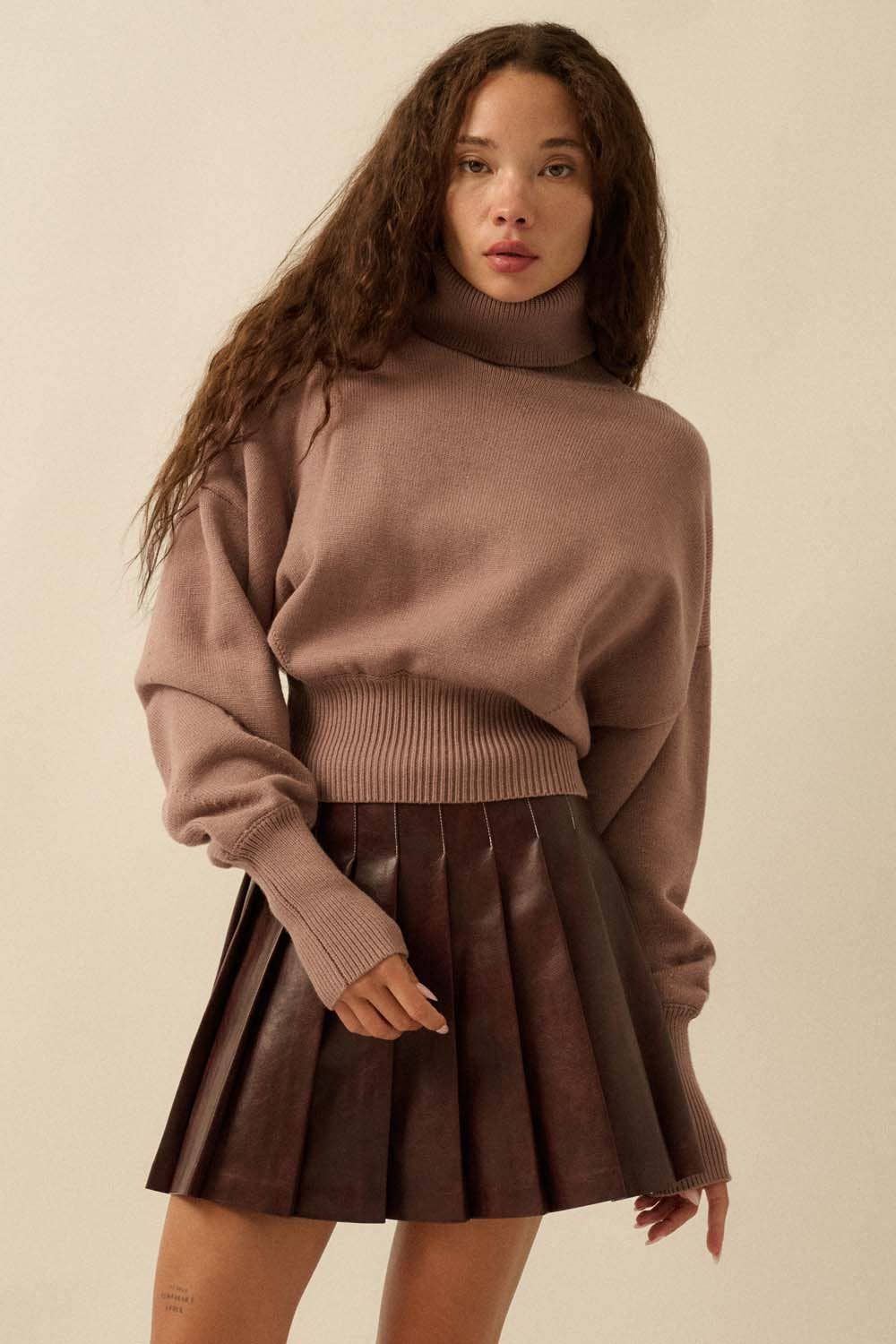 Solid Knit Banded-Hem Cropped Turtleneck Sweater