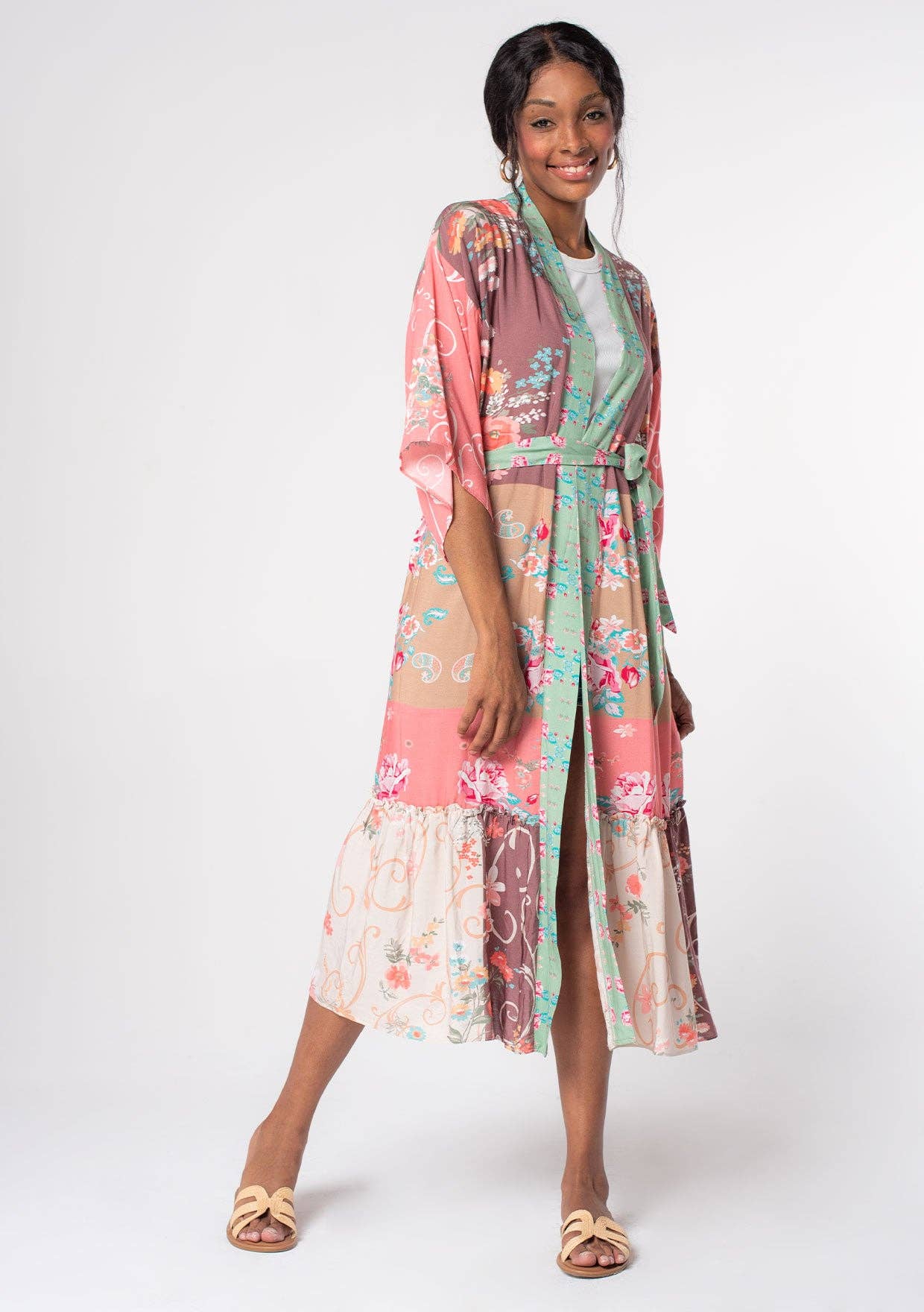 Floral Patchwork Self Tie Maxi Kimono