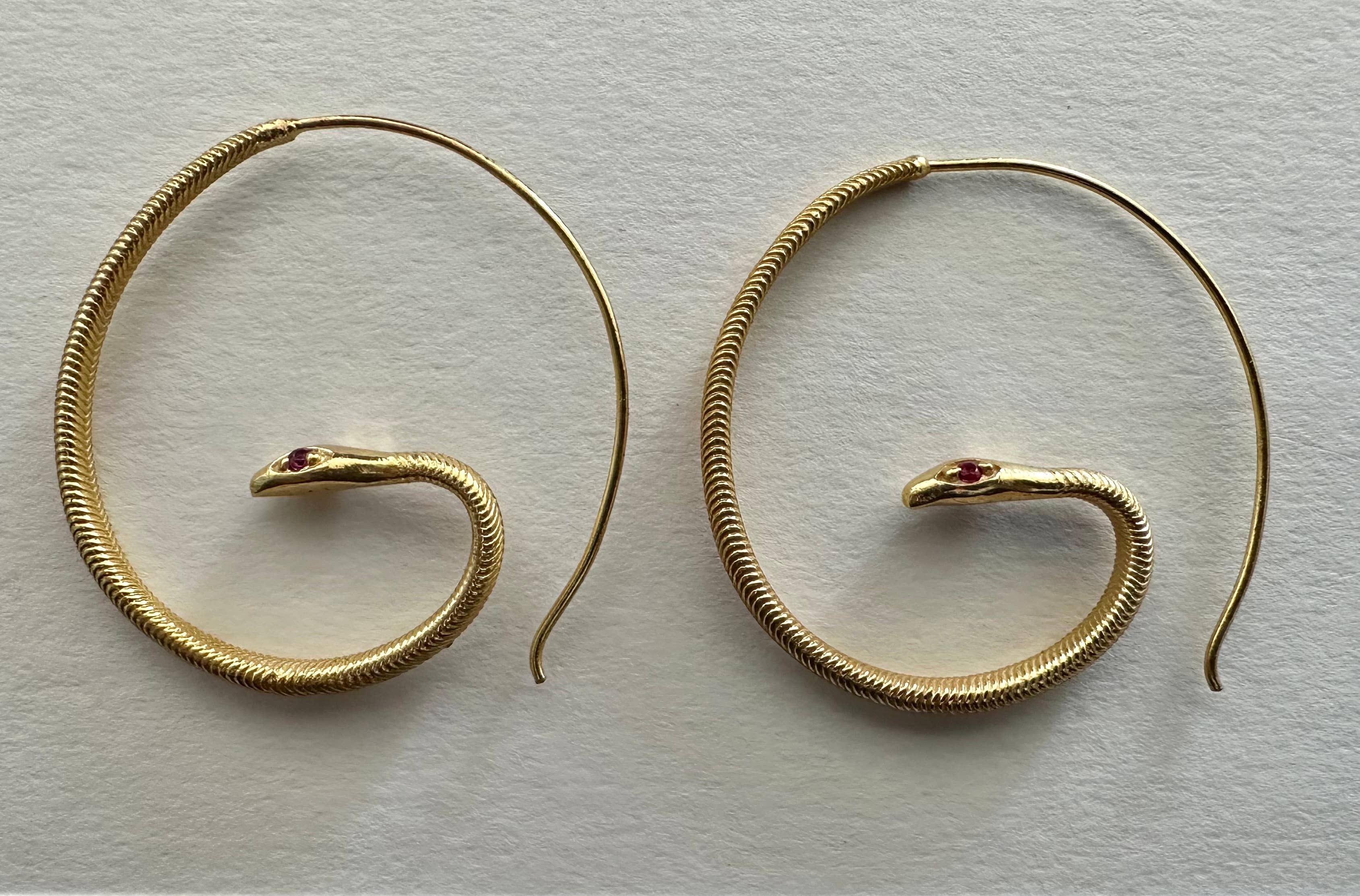 Pink Zircon Eyes Gold Baby Snake Hoop Earrings