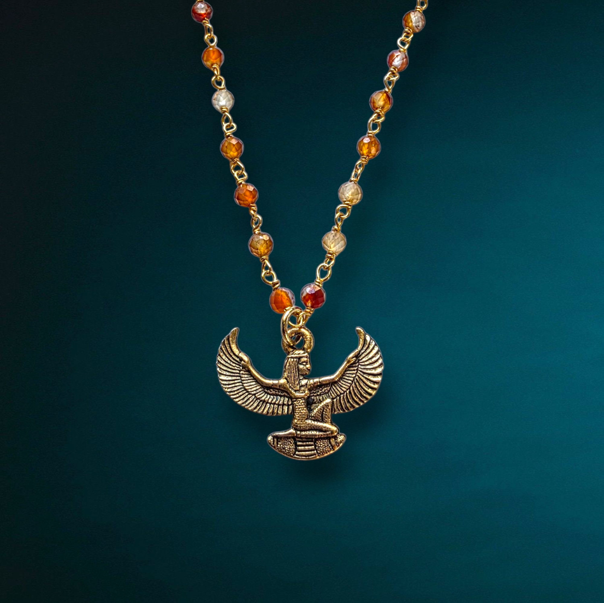 Winged Goddess Isis Charm Necklace | Gemstone Rosary