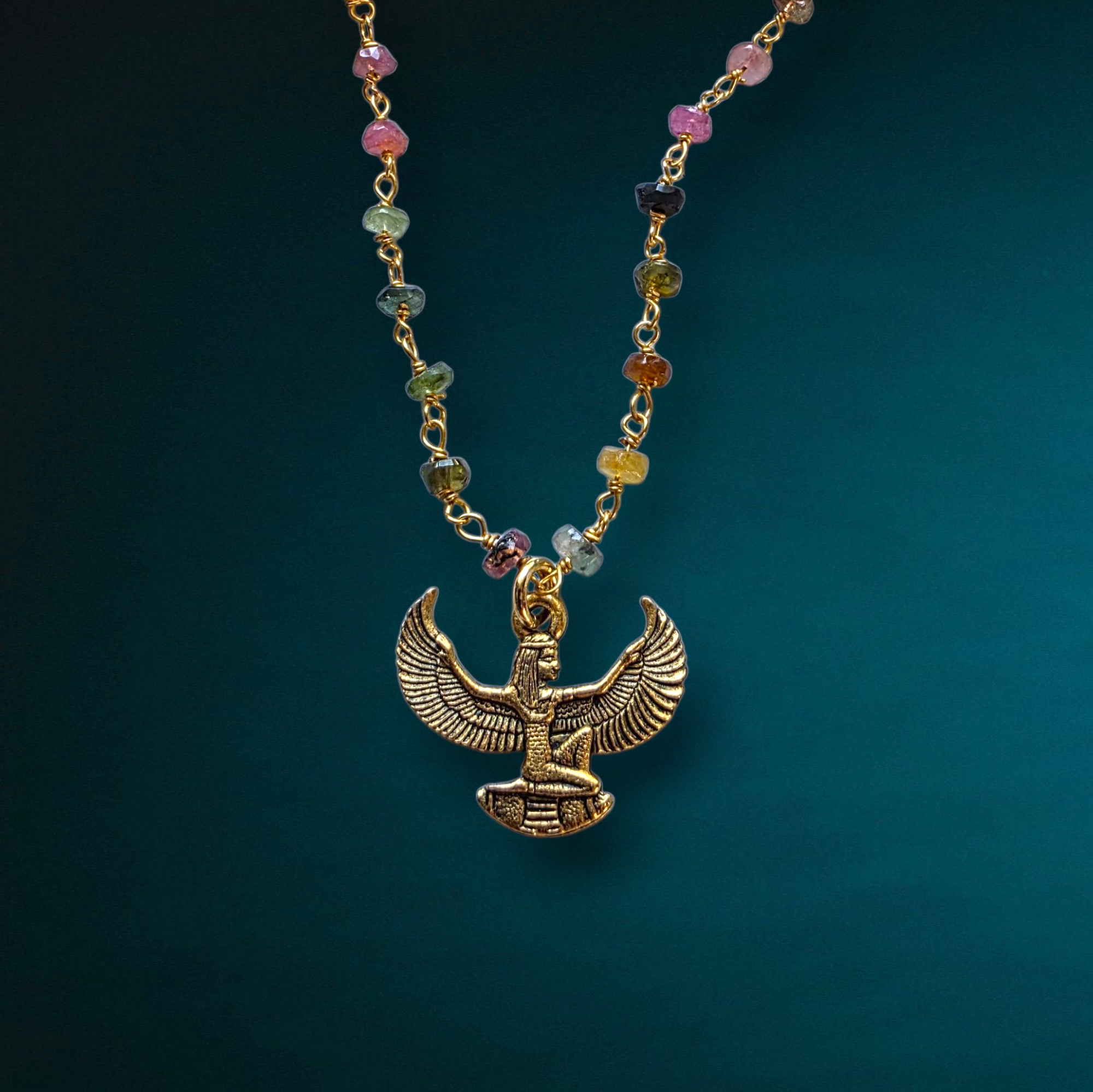 Winged Goddess Isis Charm Necklace | Gemstone Rosary