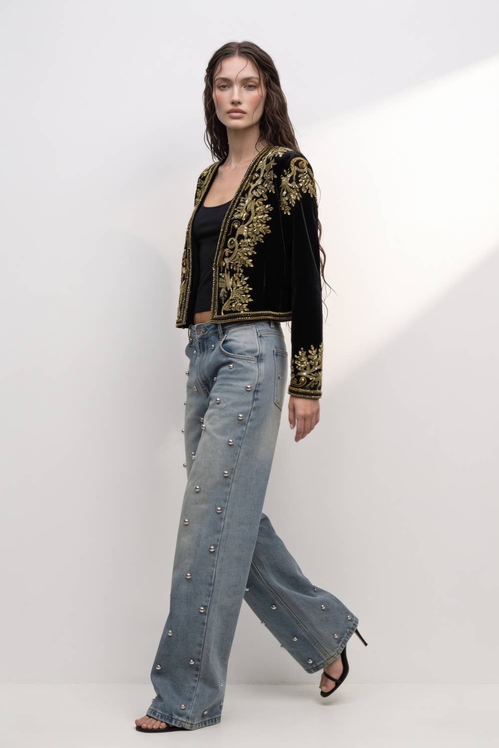 Embroidered Velvet Cropped Open-Front Jacket
