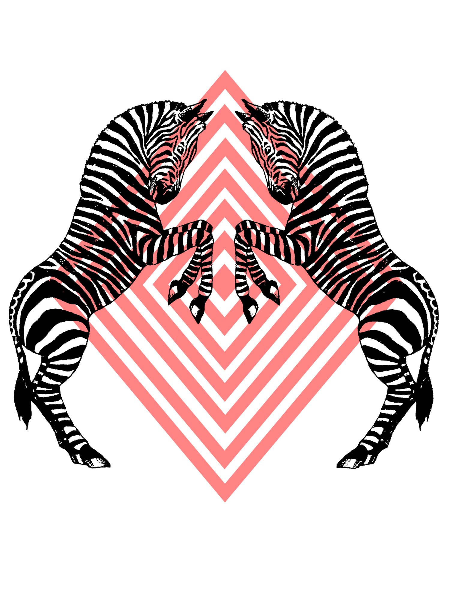 Two zebras mirror each other on a geometric pink diamond on the Zebras Maisie Heavyweight Muscle Tee by Supermaggie @ Faire, hand-printed on premium cotton for style and comfort.