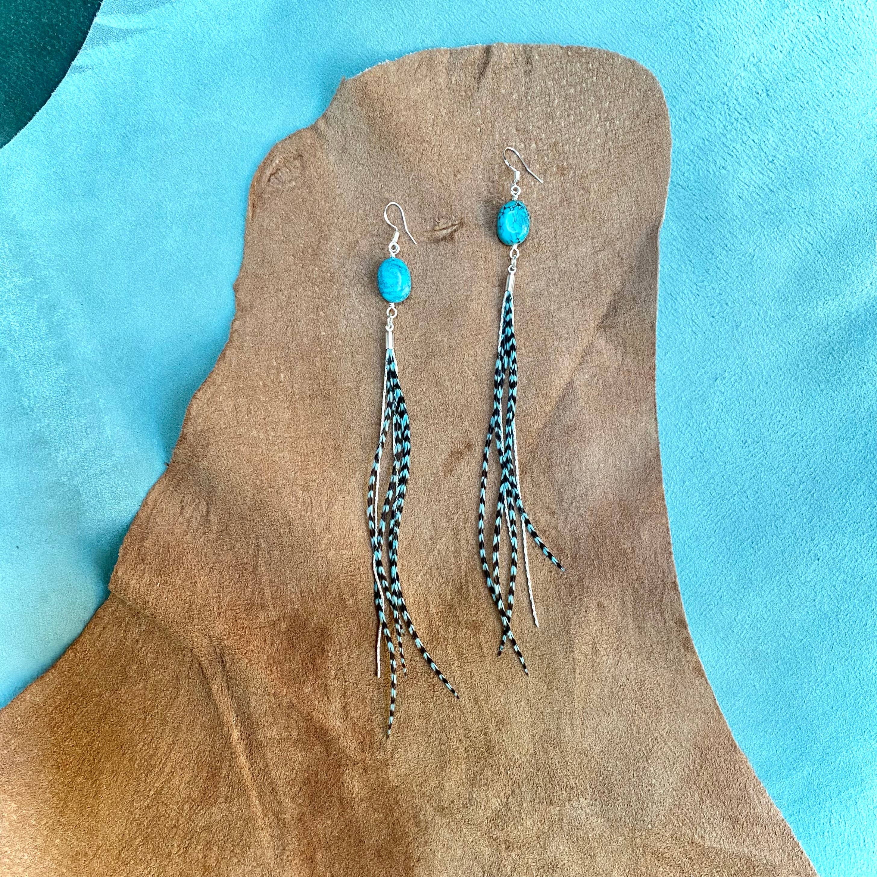 Turquoise & Mini Feather Earrings - Teal Grizzly/Silver