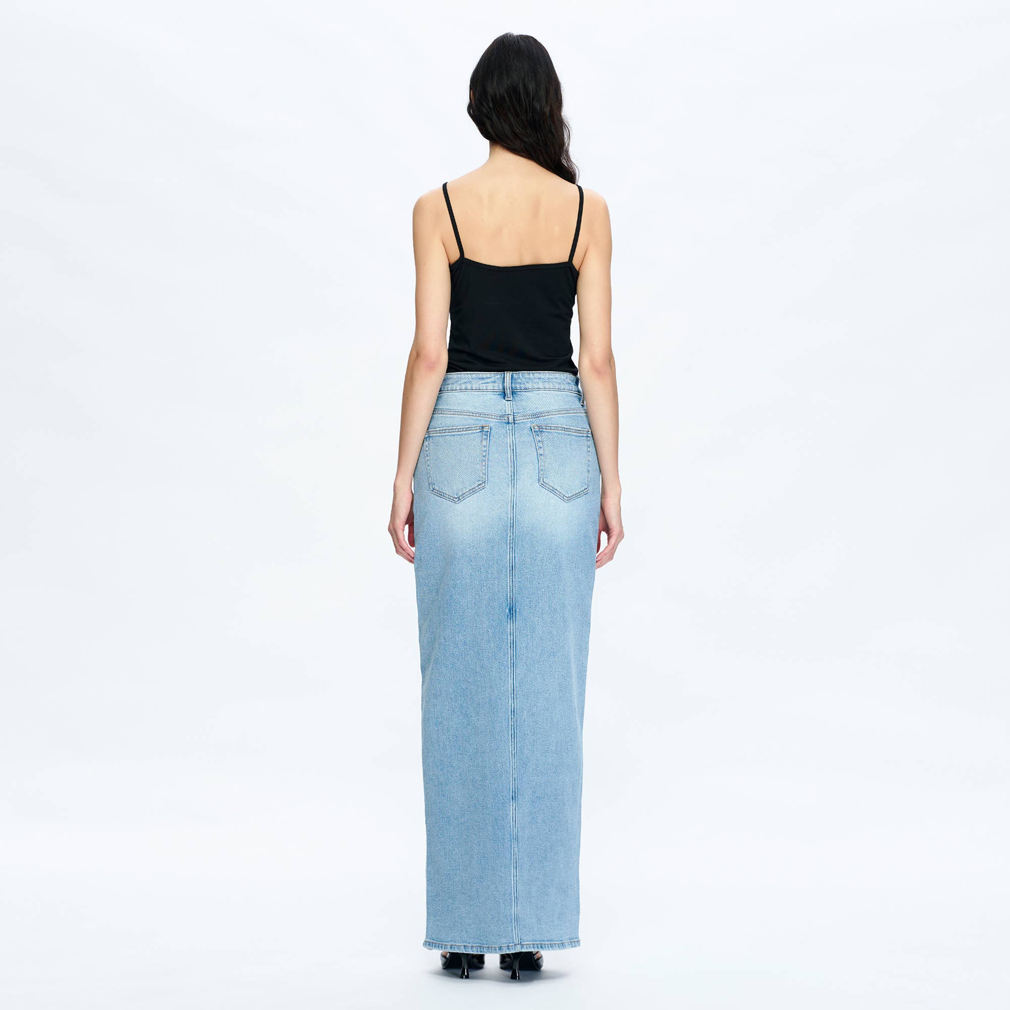 Periwinkle Blue High-Low Denim Skirt – Comfort Stretch