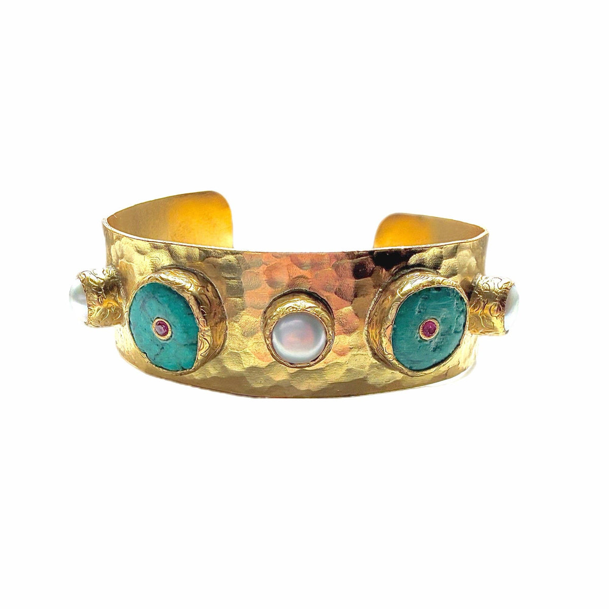 Turquoise and Pearl Cuff Bangle with hammered gold tone finish and decorative side details