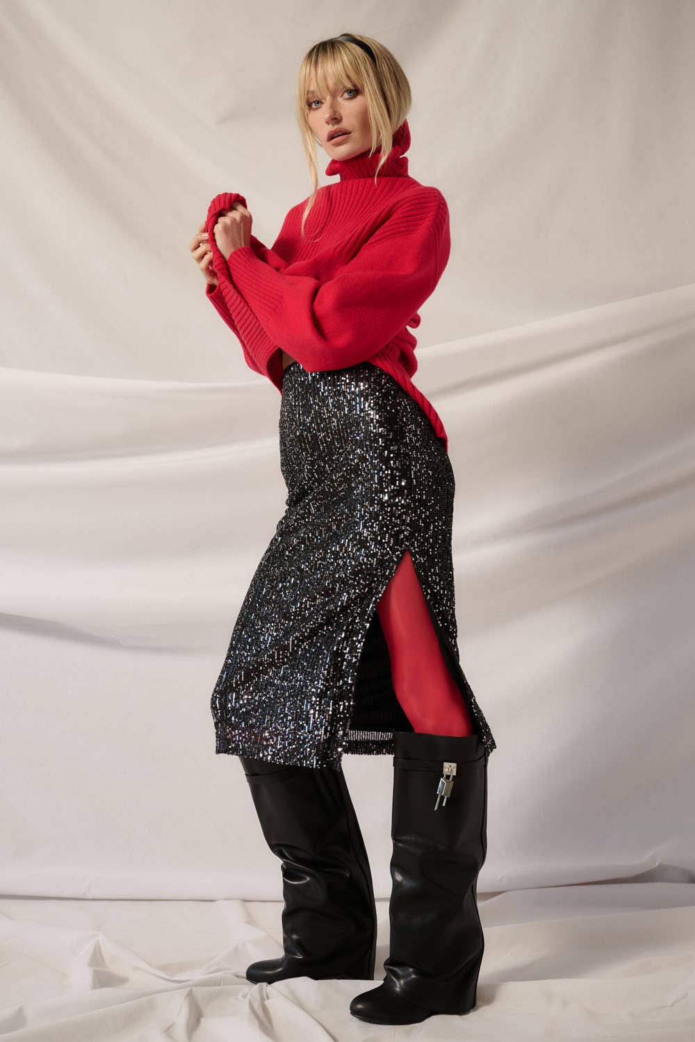 Sequins High Waist Zipper Closure Midi Skirt