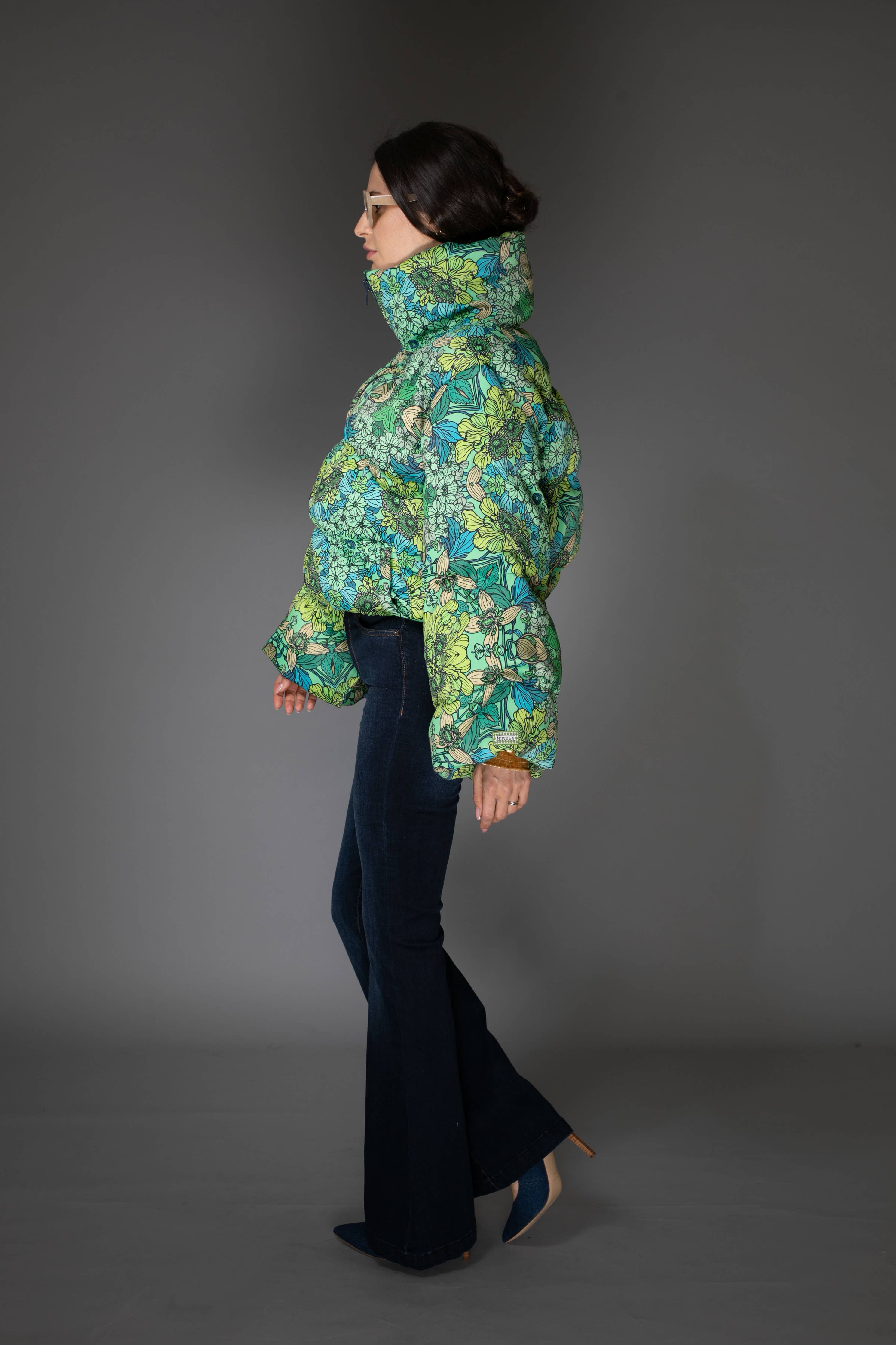 Mint Green Floral Printed Puffer Jacket