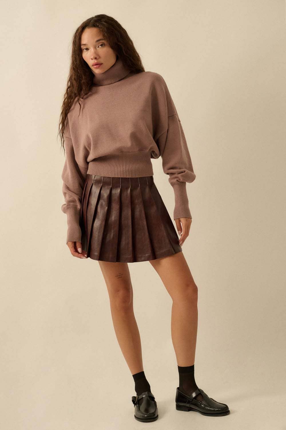 Solid Knit Banded-Hem Cropped Turtleneck Sweater