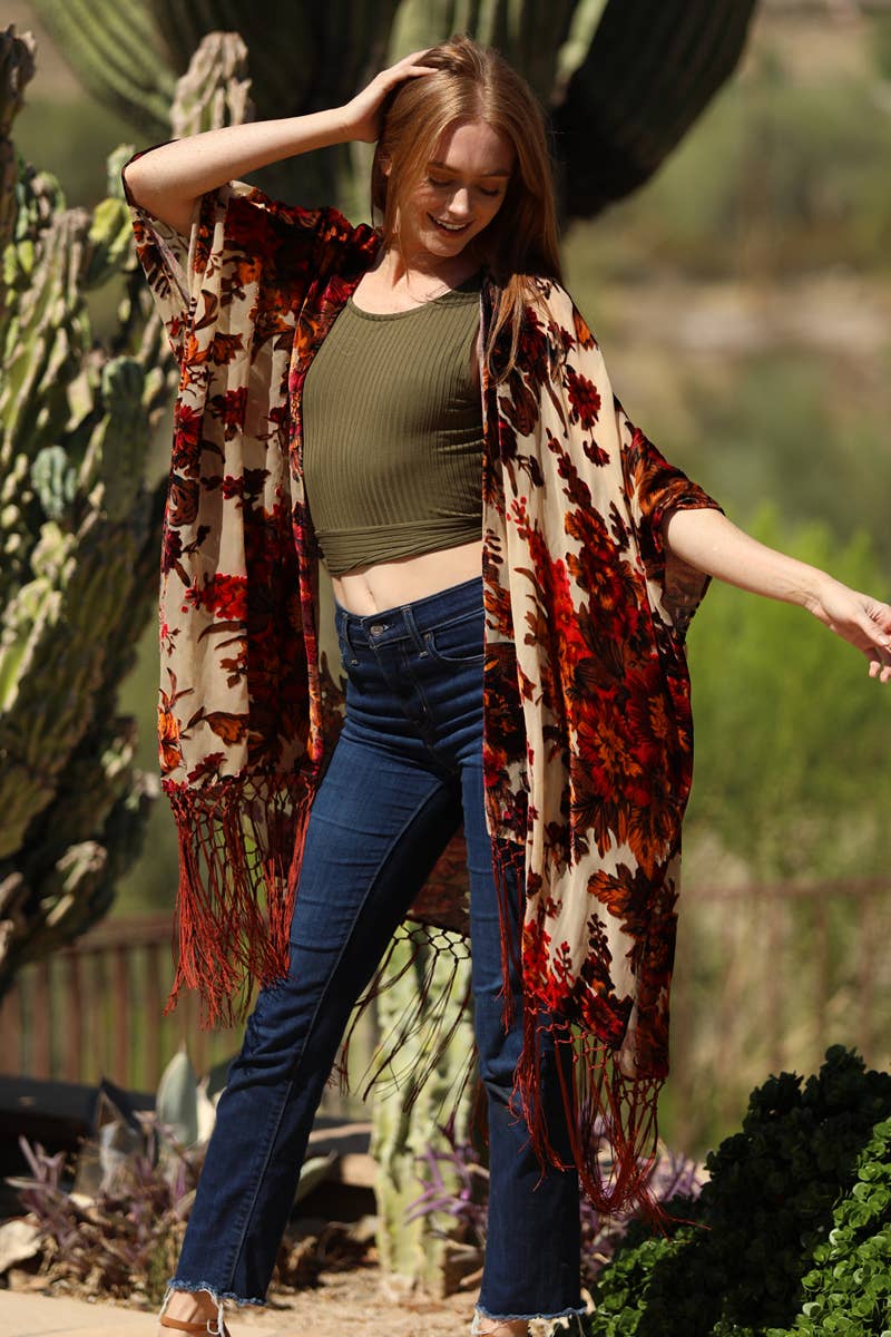 X2ED8-ASIS BURNOUT VELVET FRINGE HEM KIMONO