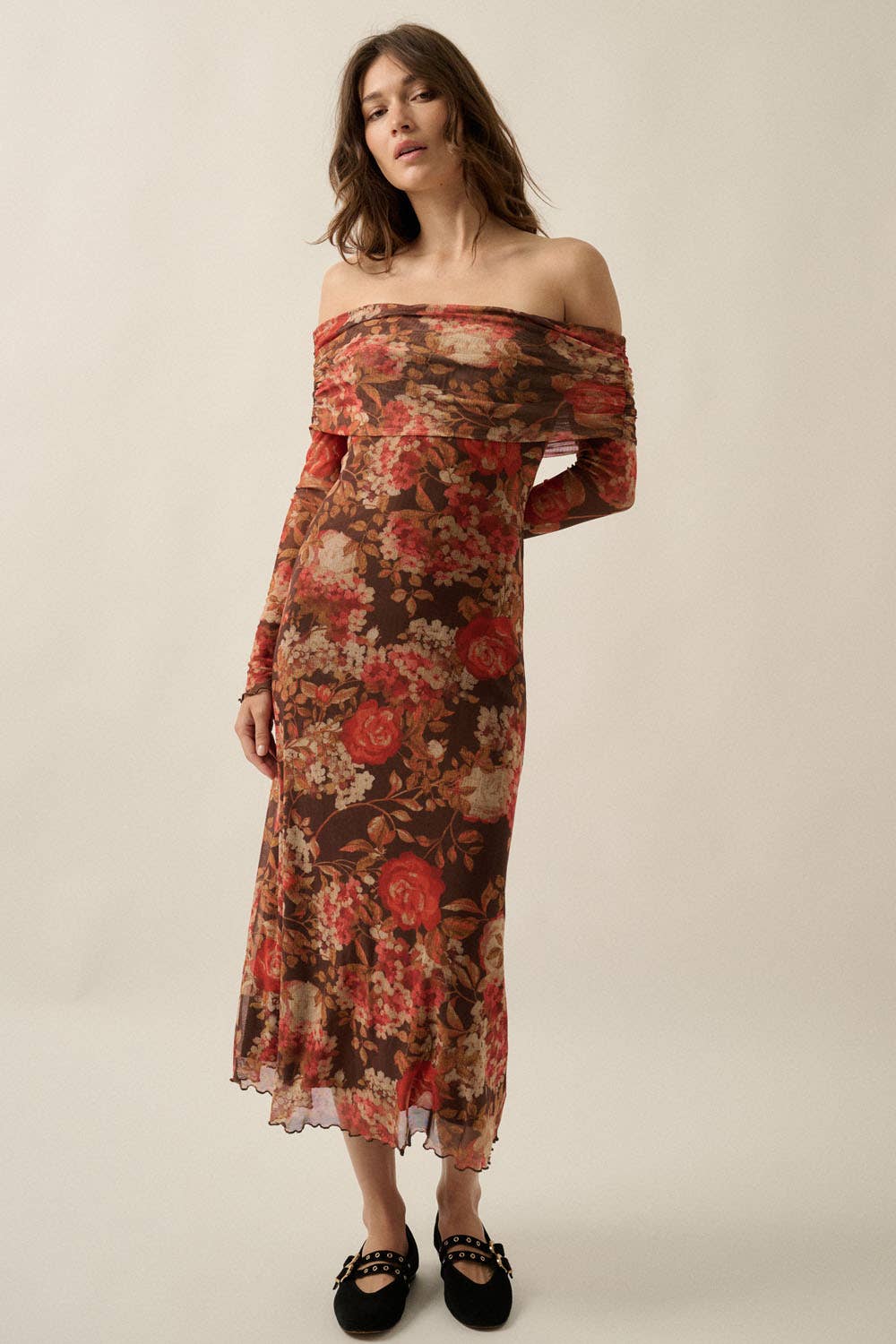 Floral Mesh Off-Shoulder Foldover Long-Sleeve Midi Dress