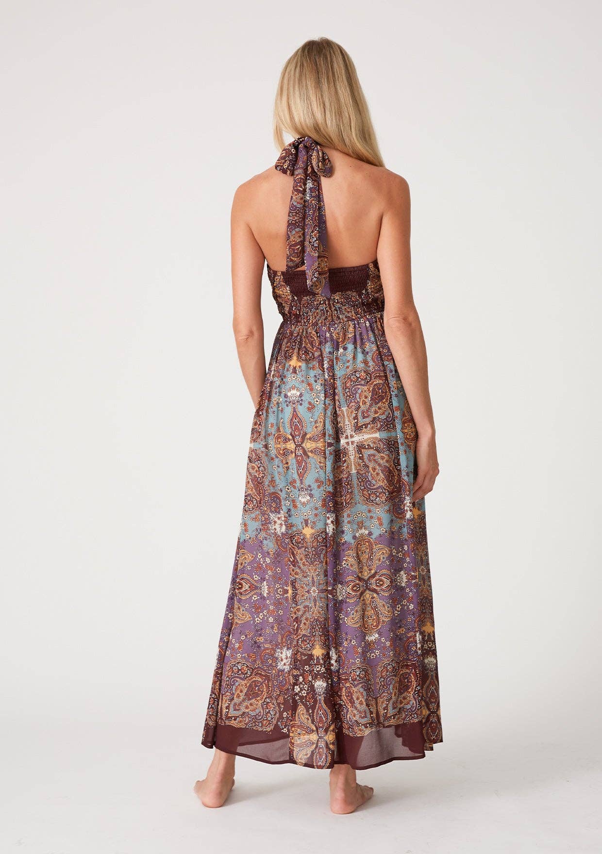 Bohemian Floral Smocked Halter Maxi Dress