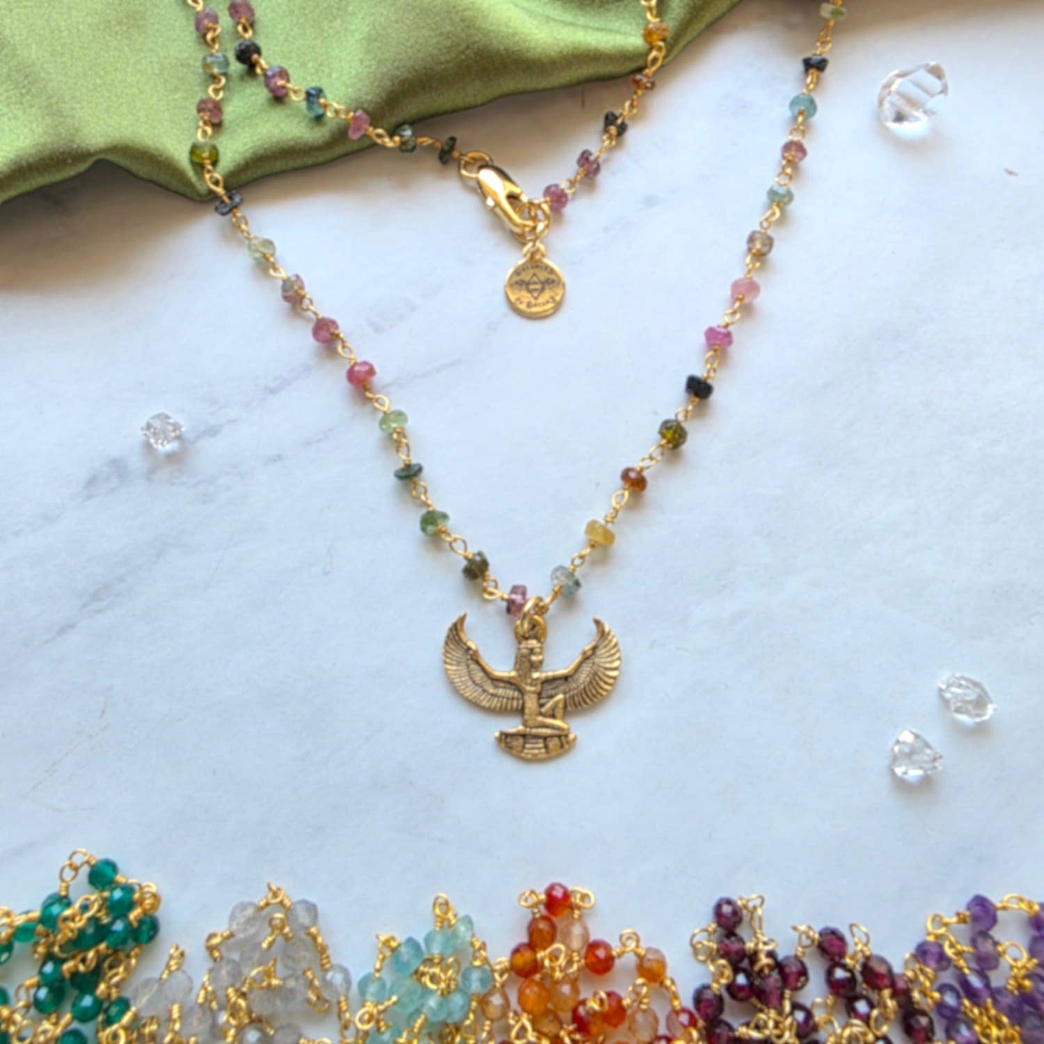 Winged Goddess Isis Charm Necklace | Gemstone Rosary