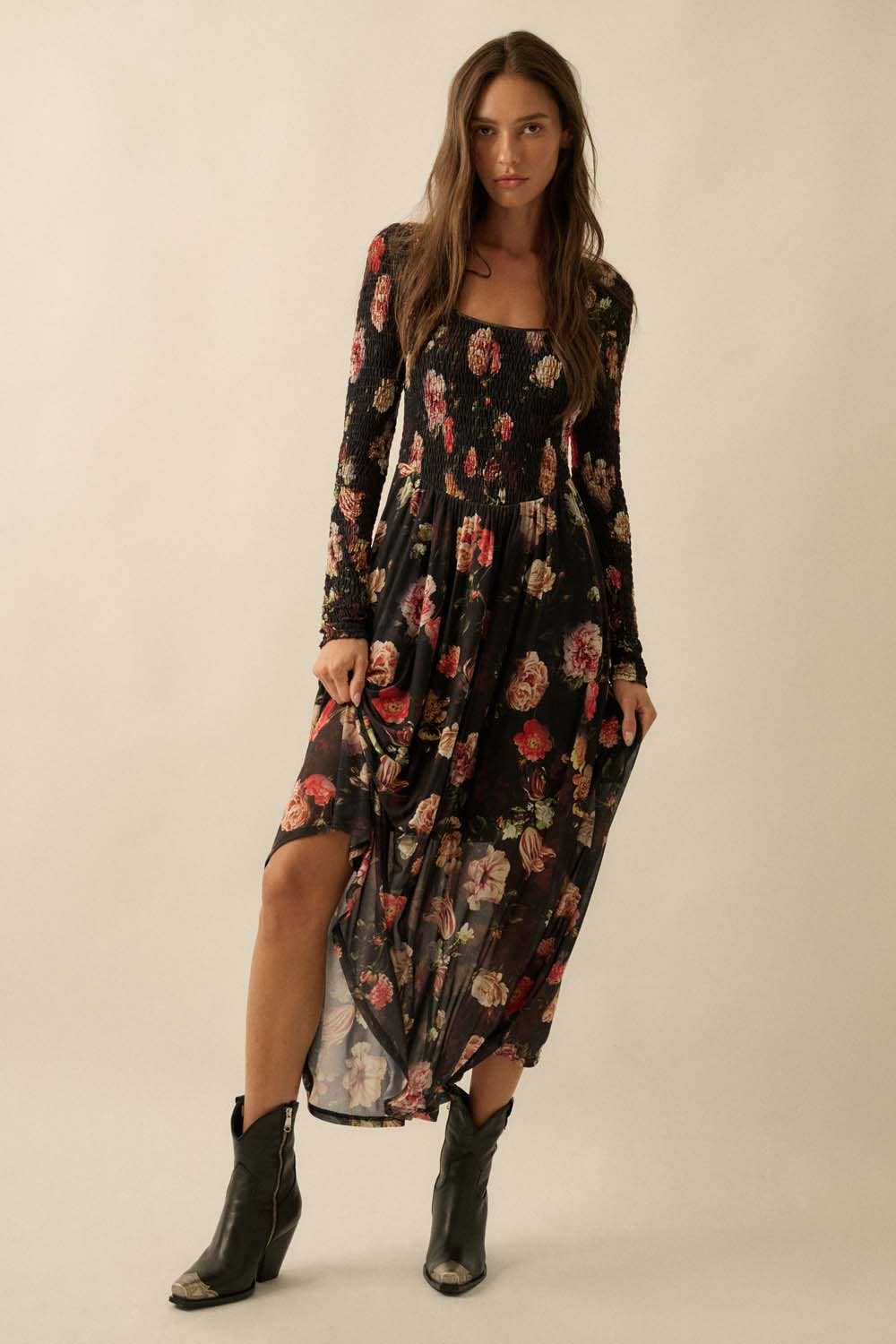 Floral-Print Mesh Smocked Long-Sleeve Maxi Dress