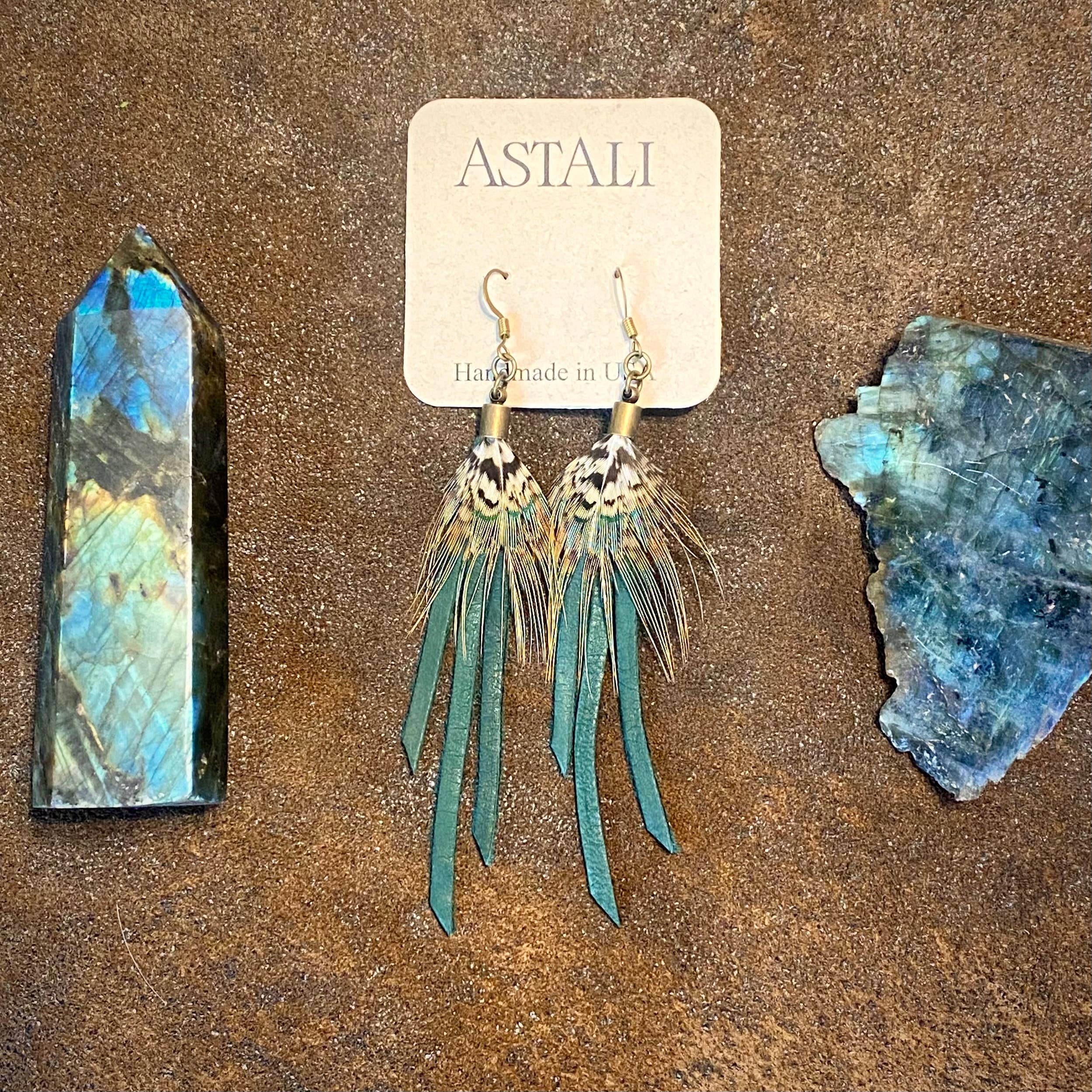 Feather Mini Earrings - Hunter Leather & Pheasant Feather