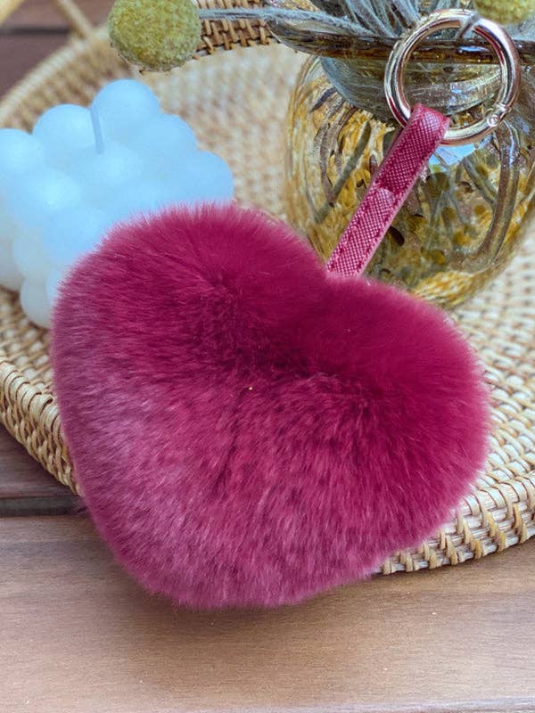 Heart Shape Bag Charm Keychain in soft plush material with deep red color and gold-tone ring attachment