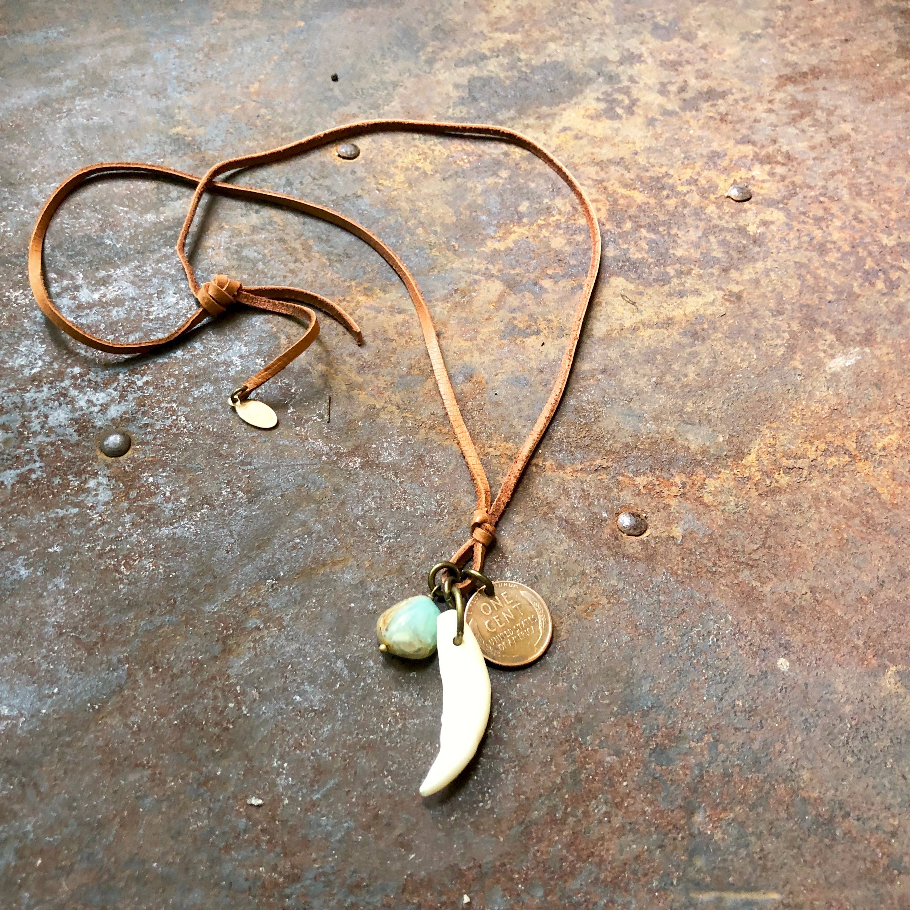 Coyote Tooth & Blue Opal Necklace, Wheat Penny, Rust Leather