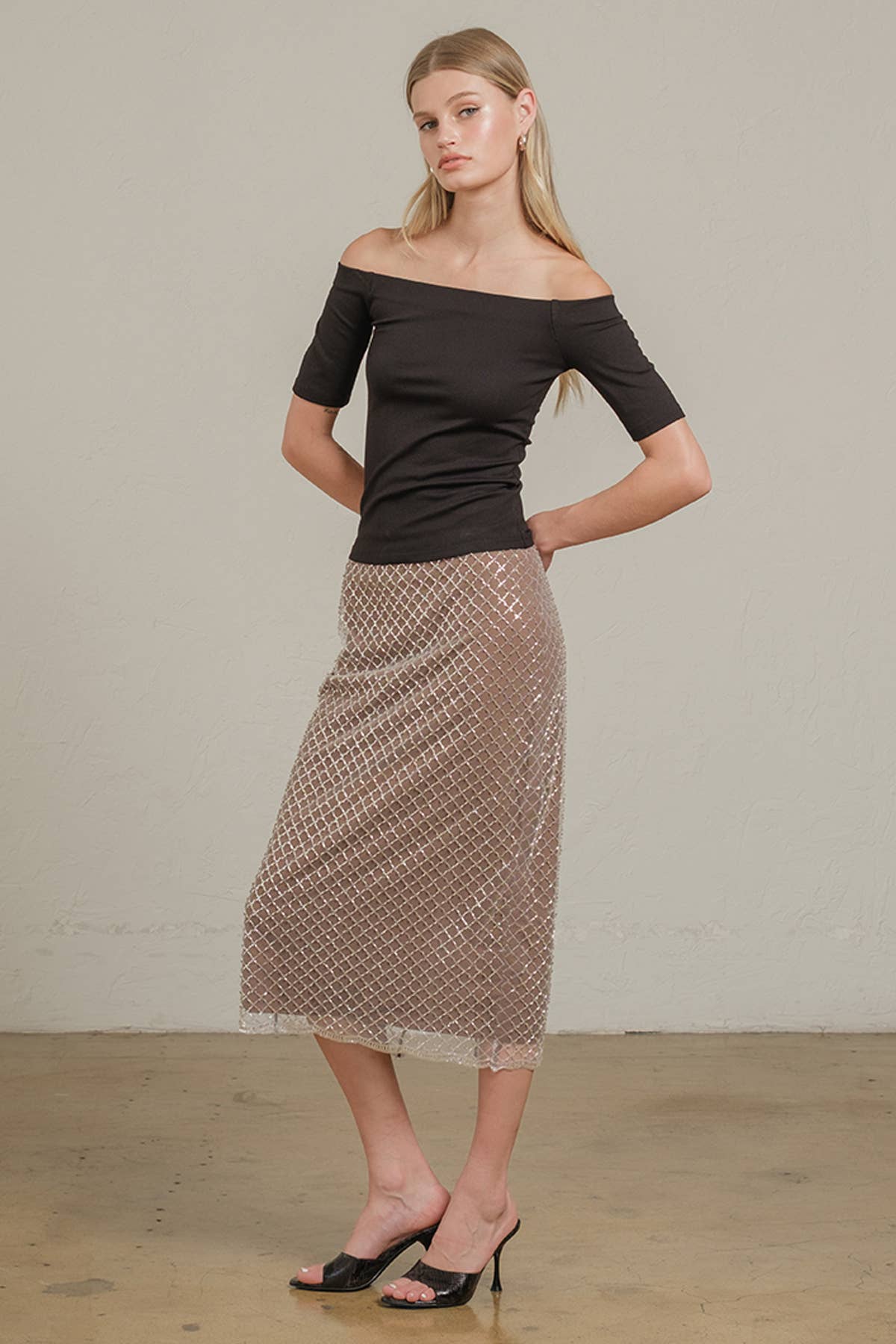 Beaded Midi Skirt with Back Slit & Zipper
