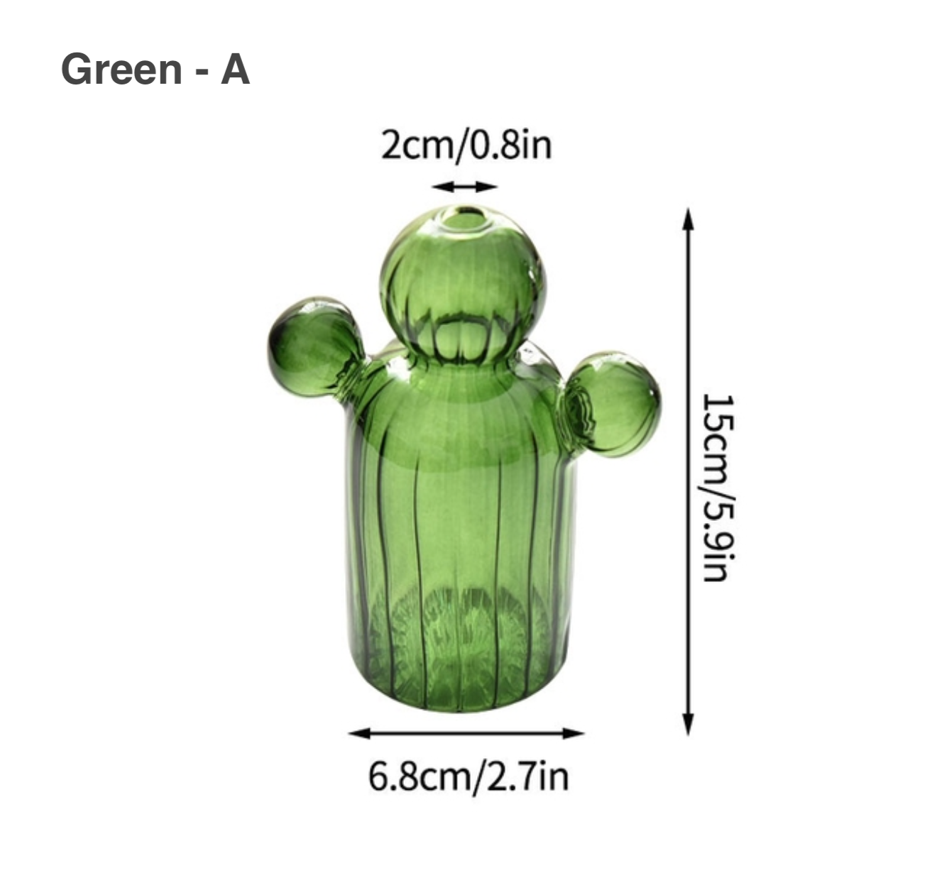 Green Cactus Shaped Glass Hydroponics Plant Vase with measurements for height and width in a simple design.
