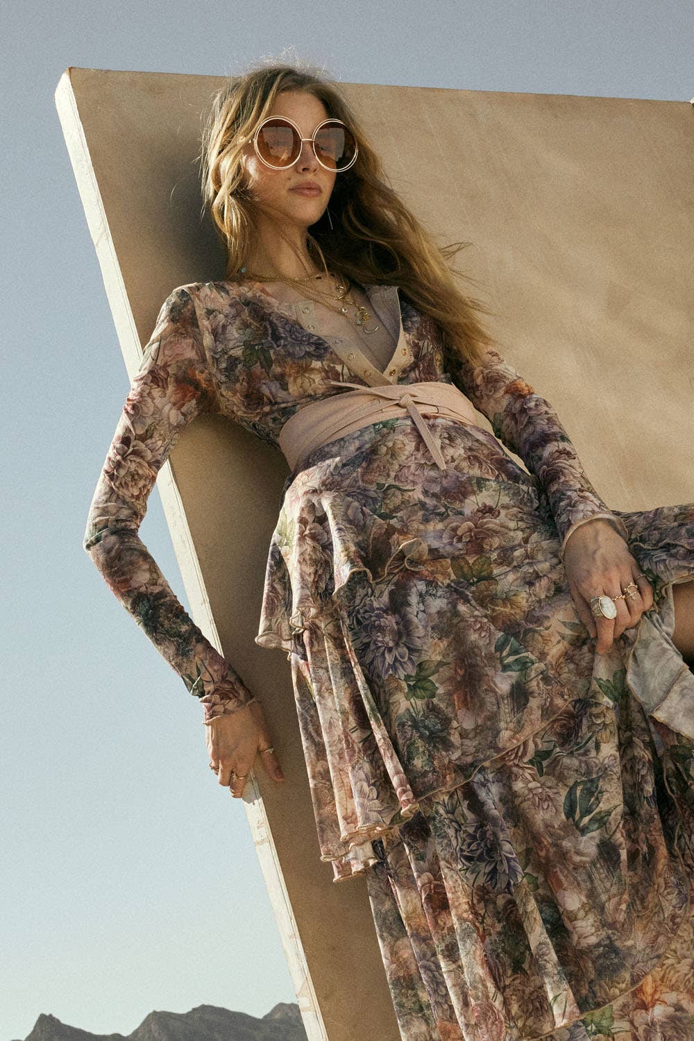 Floral-Print Mesh Tiered Side-Ruffle Maxi Skirt