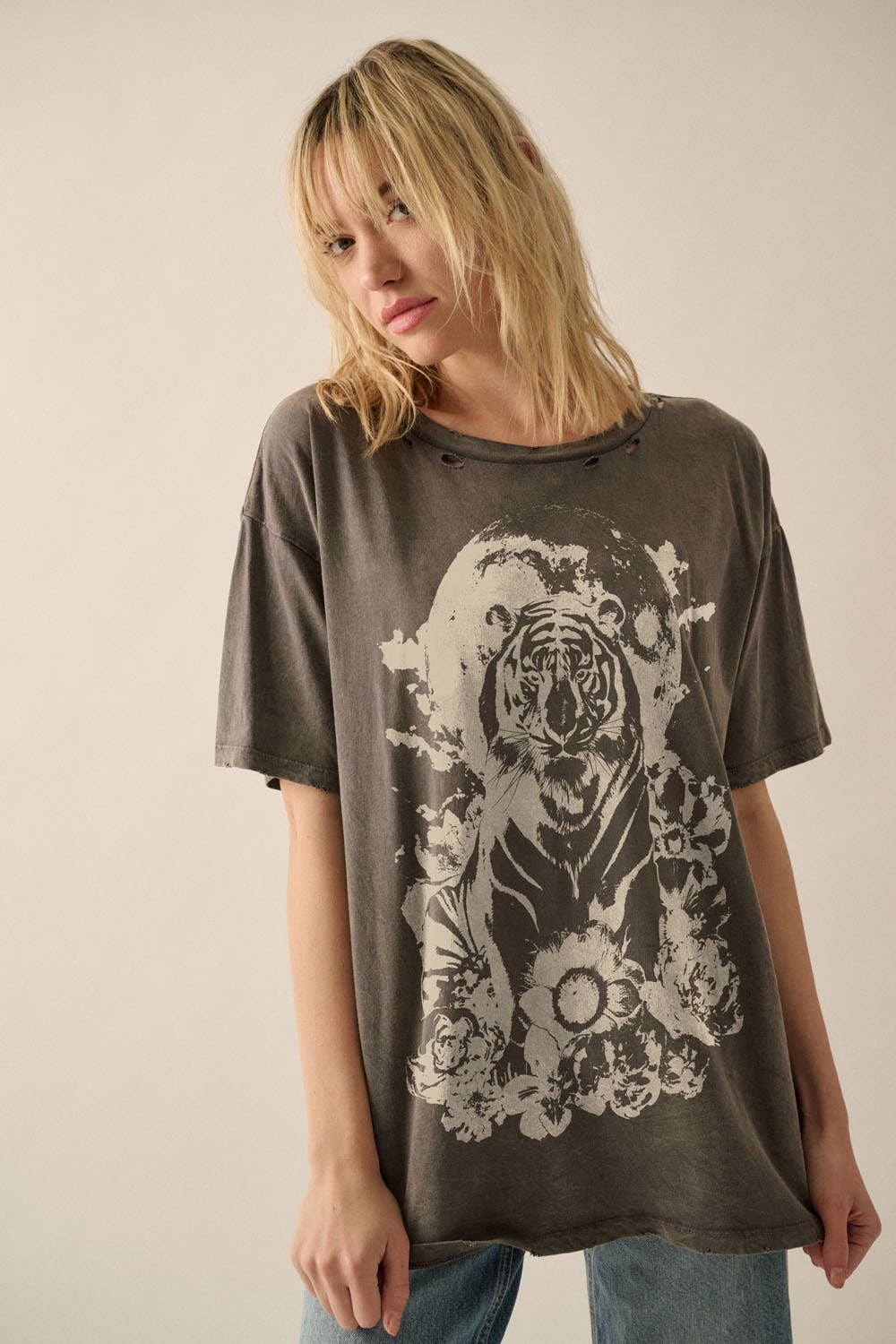 Tiger Moon Distressed Vintage-Wash Graphic Tee