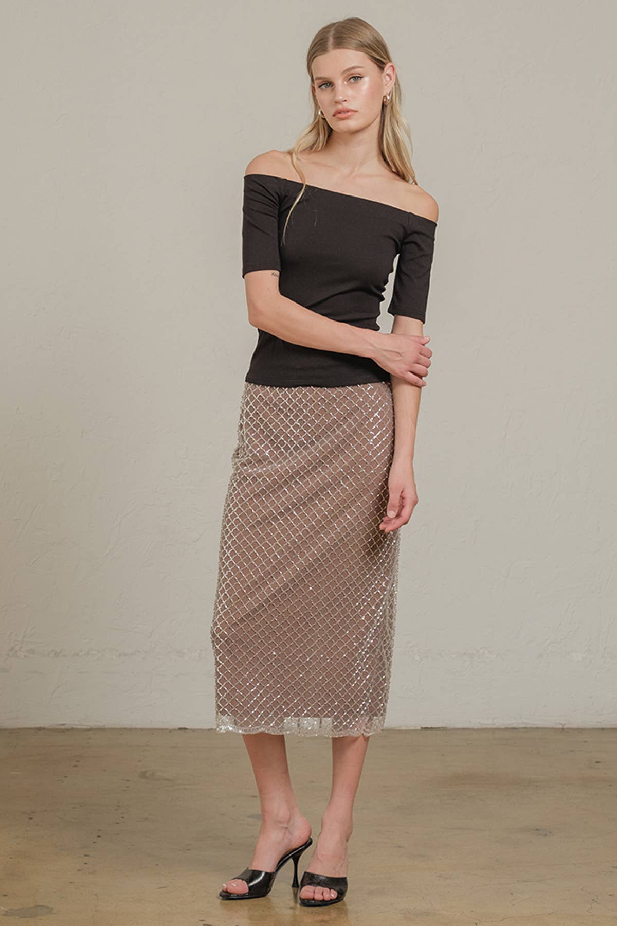 Beaded Midi Skirt with Back Slit & Zipper