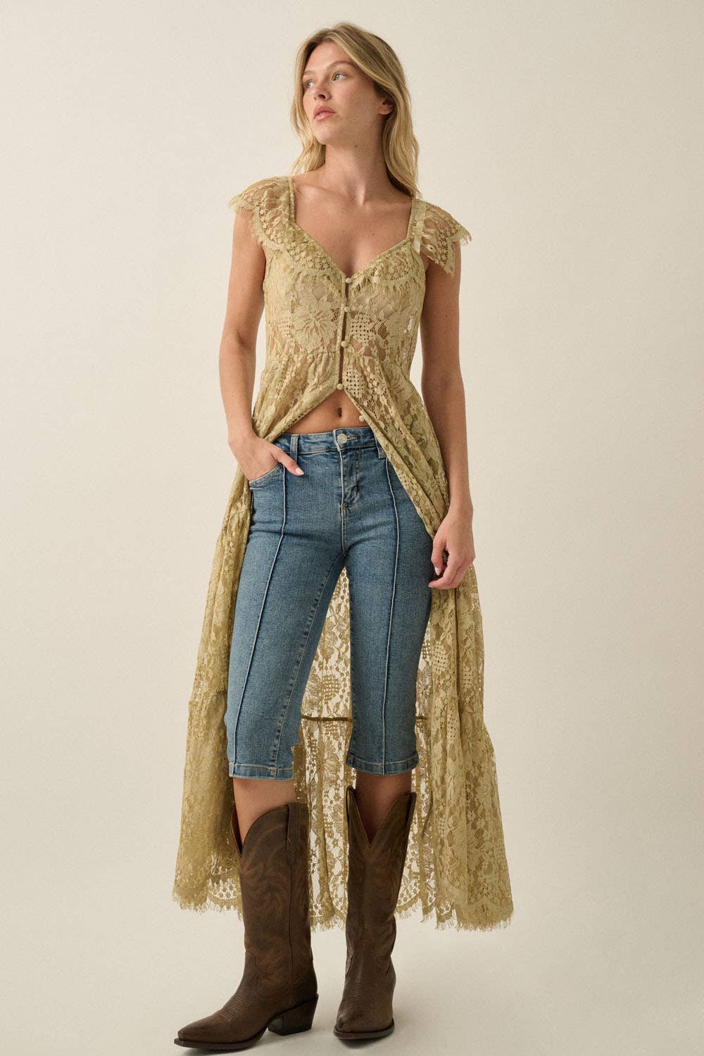 Sheer Floral Lace Button-Front Tiered-Ruffle Maxi Top