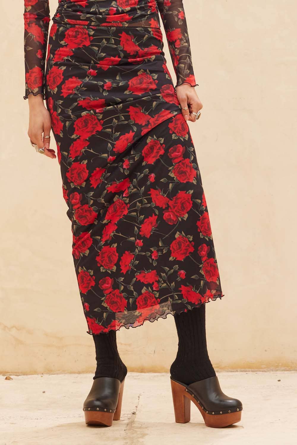 Floral-Print Mesh Straight Maxi Skirt