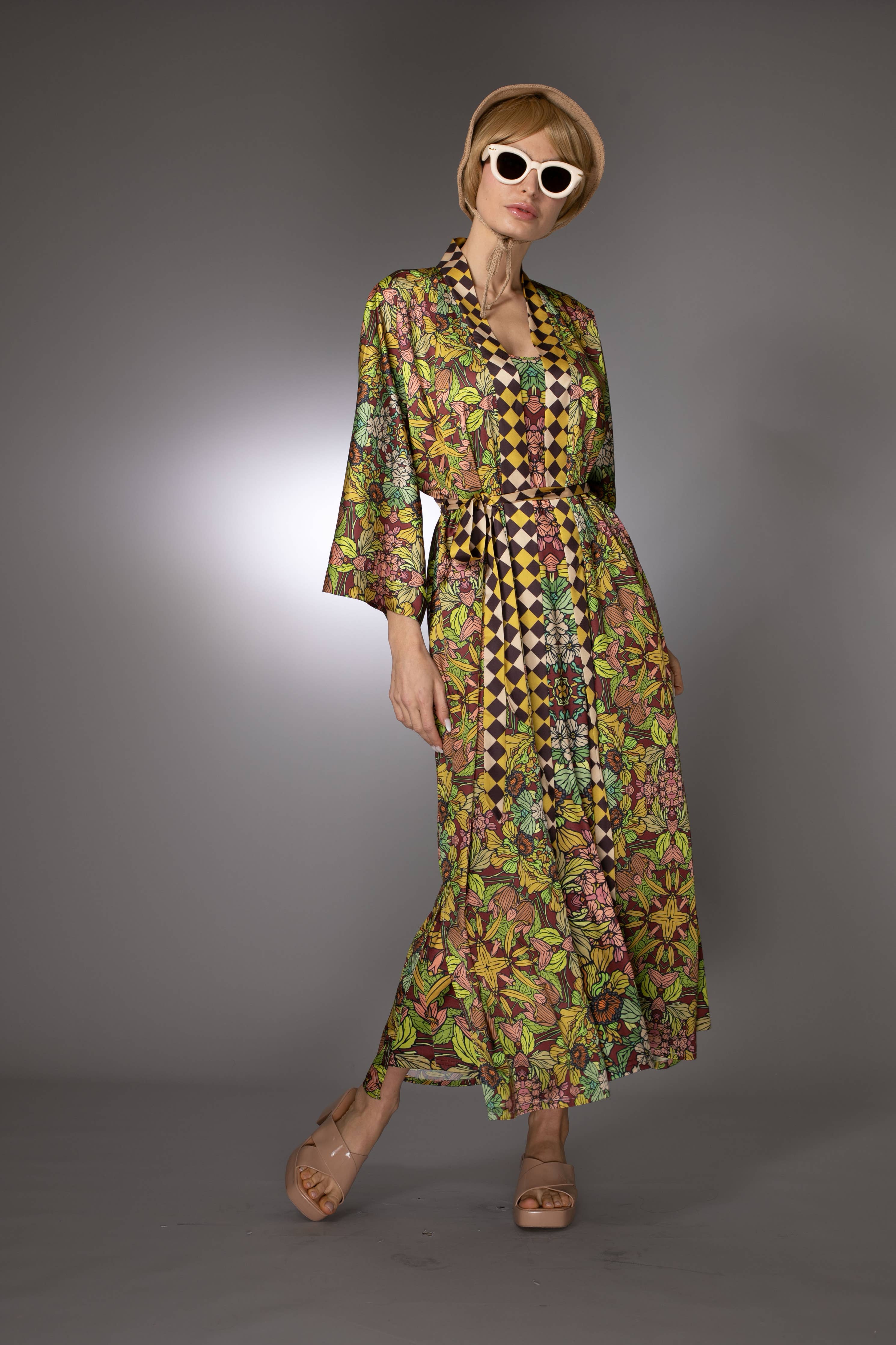 Brown Golden Duchess Floral Satin Kimono