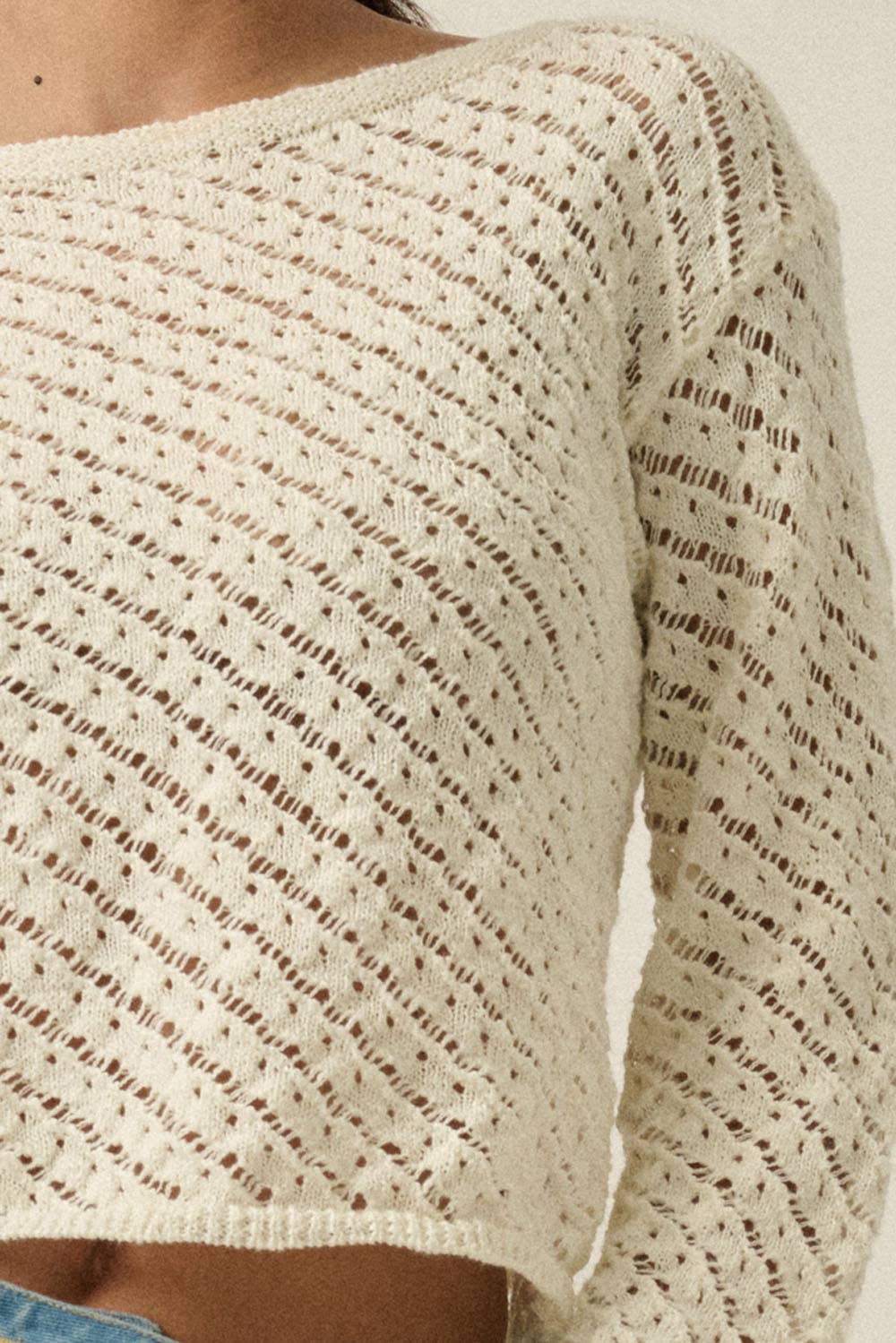 Solid Crochet-Knit Bell-Sleeve Cropped Sweater