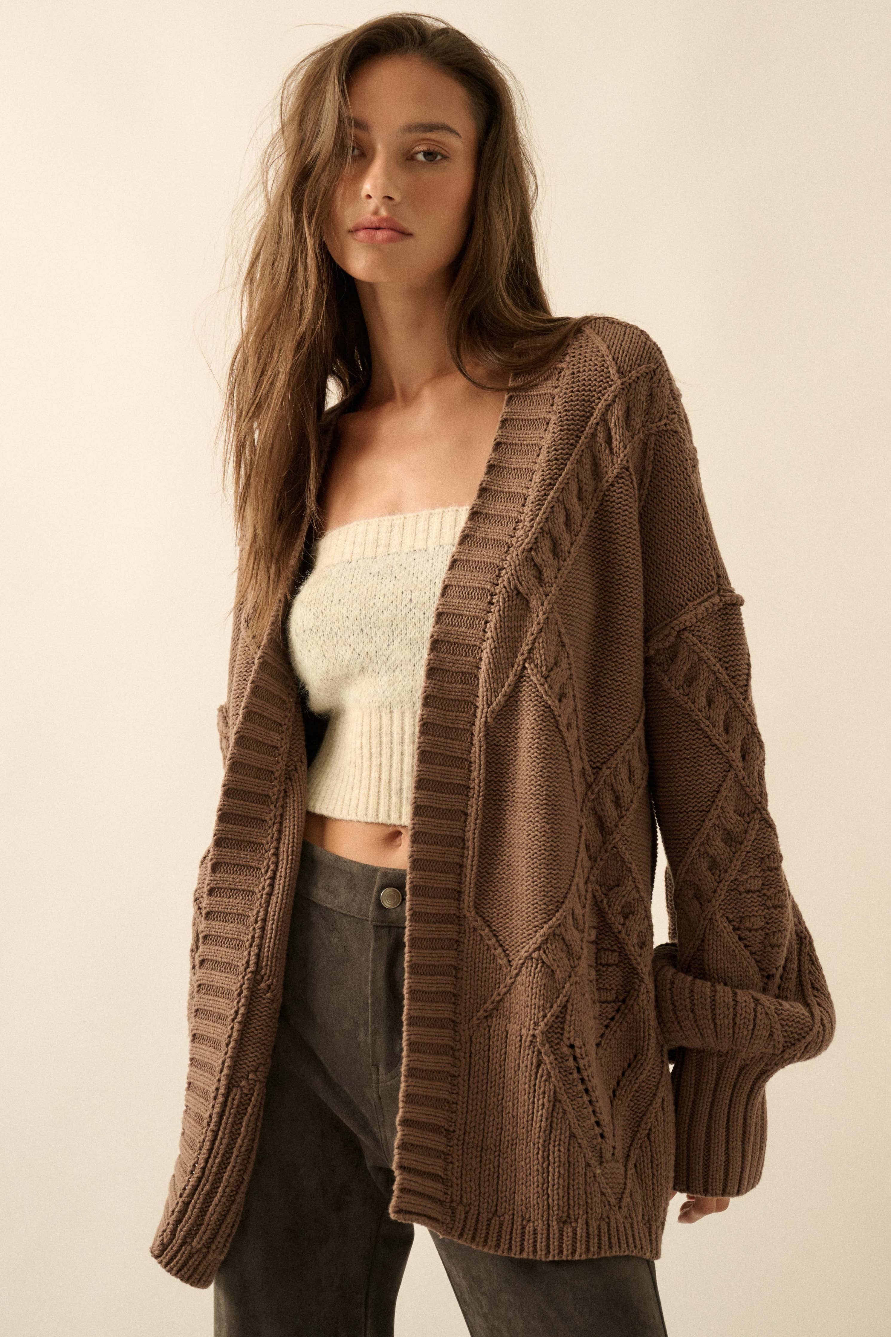 Cable-Knit Oversize Balloon-Sleeve Cardigan