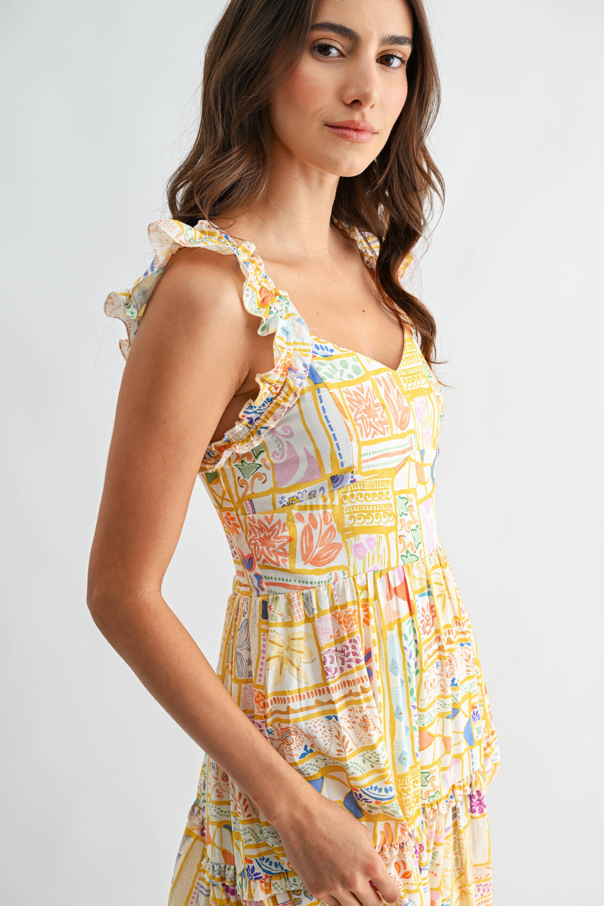 Patchwork Print Ruffle Strap Midi Dress