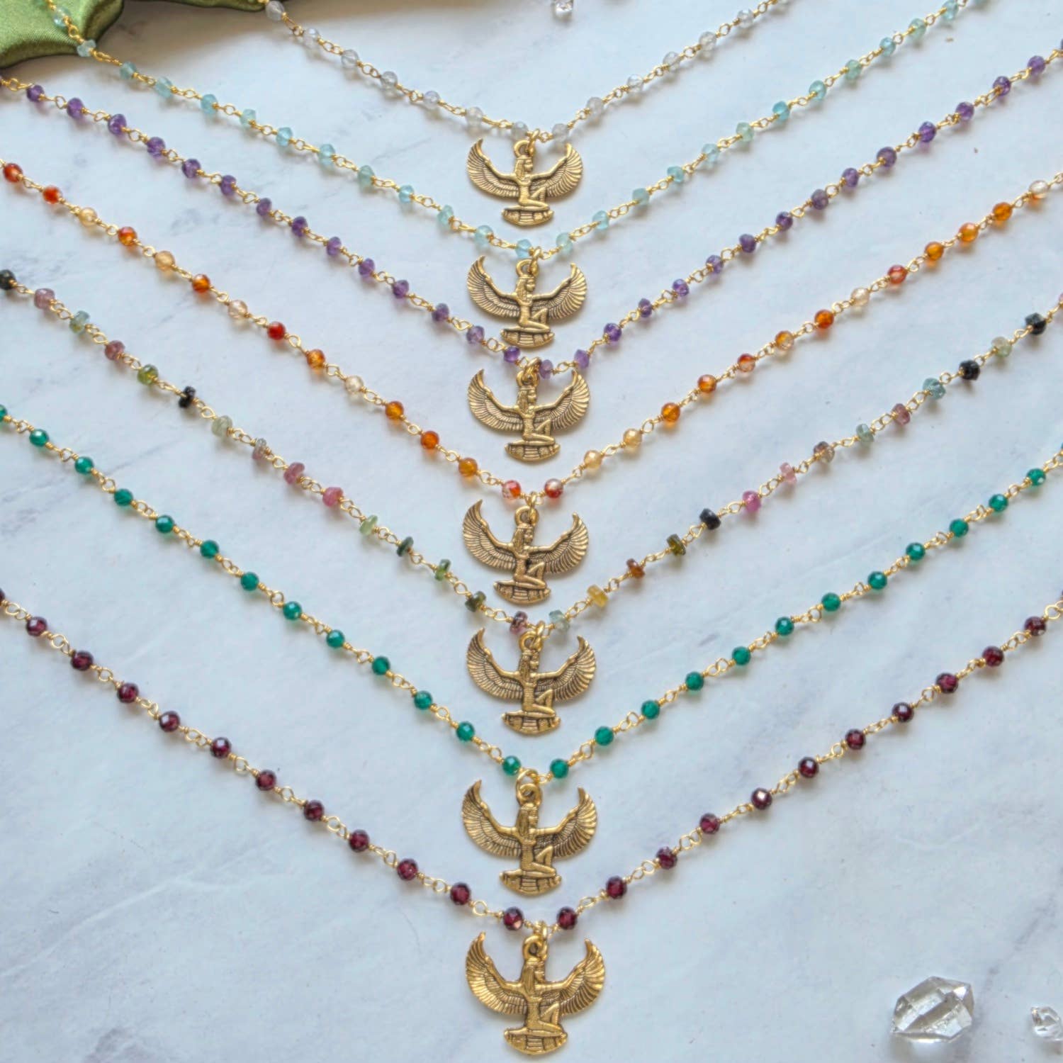 Winged Goddess Isis Charm Necklace | Gemstone Rosary