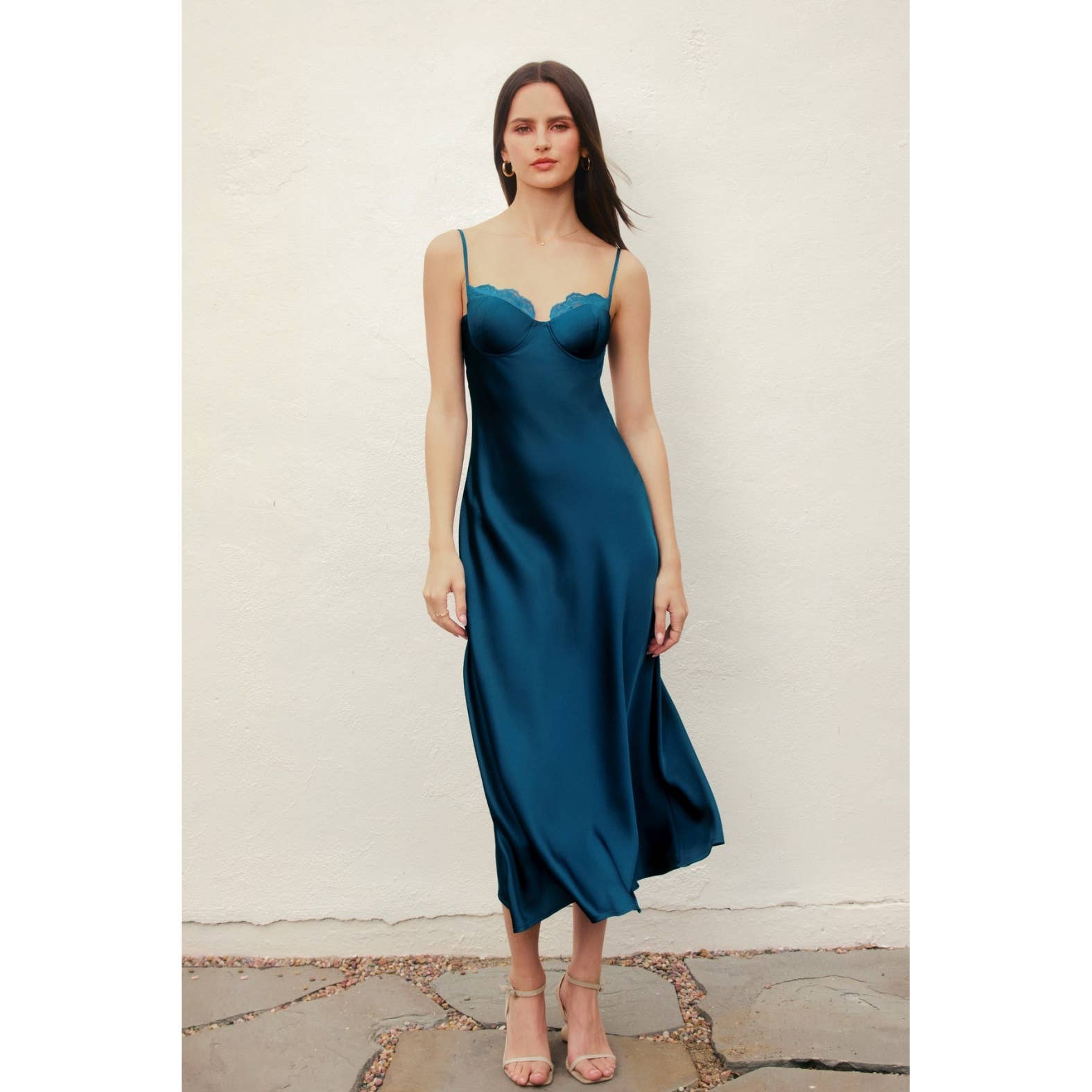 Satin Lace Trim Slip Midi Dress