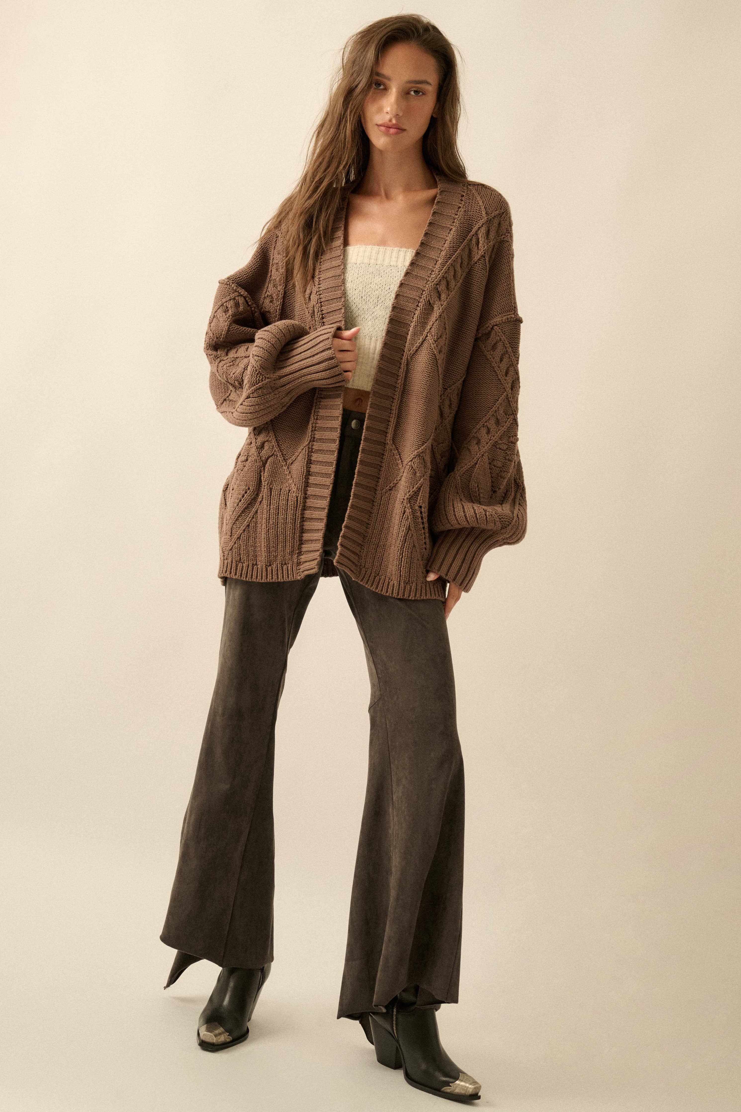 Cable-Knit Oversize Balloon-Sleeve Cardigan