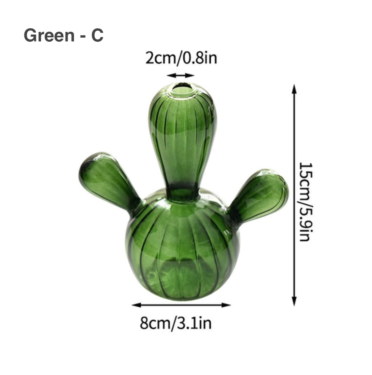 Cactus Shaped Glass Hydroponics Plant Vase in green glass with three protruding arms and rounded base, 15cm tall