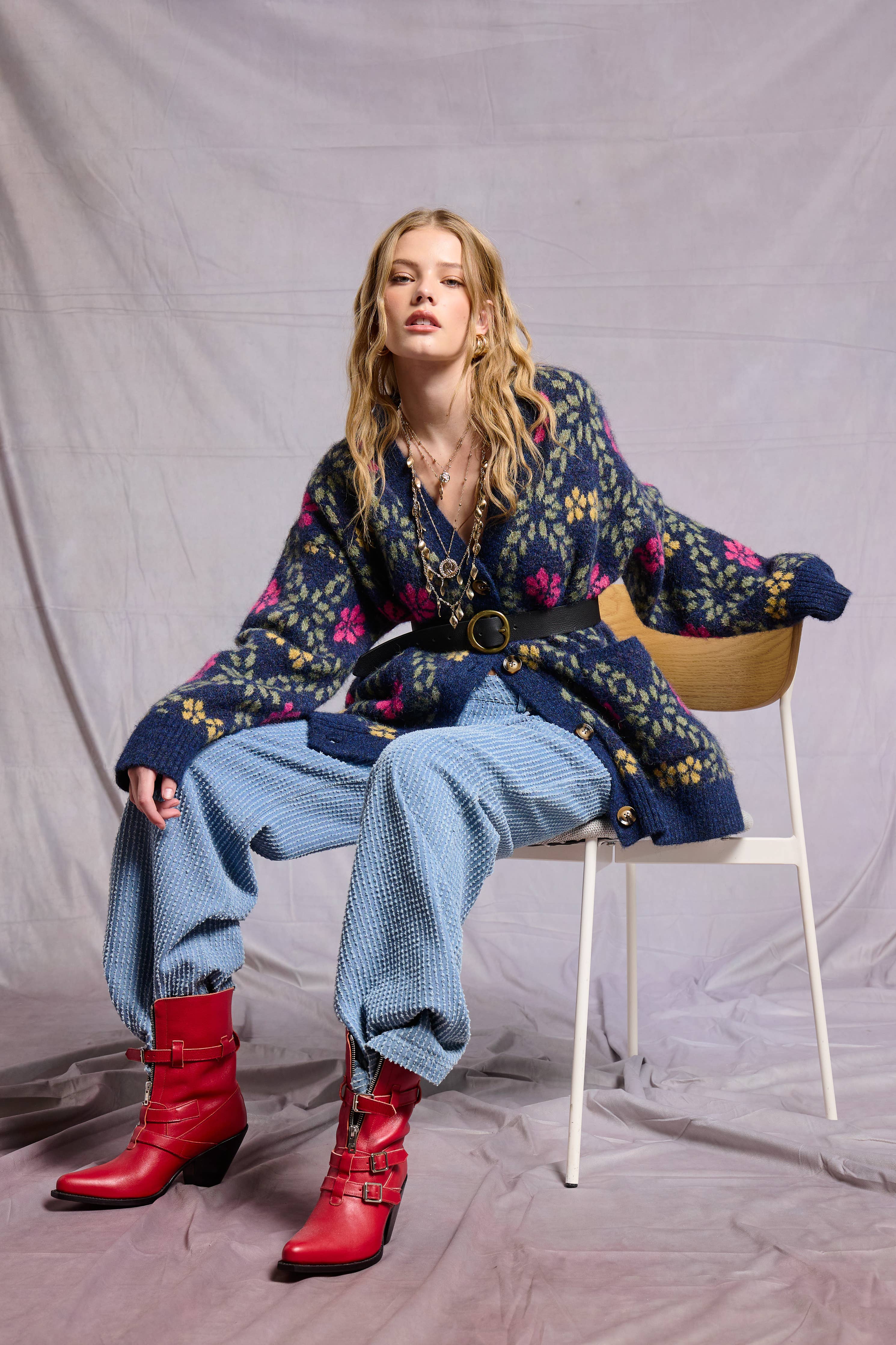 Retro Floral Print Fuzzy Knit Cardigan