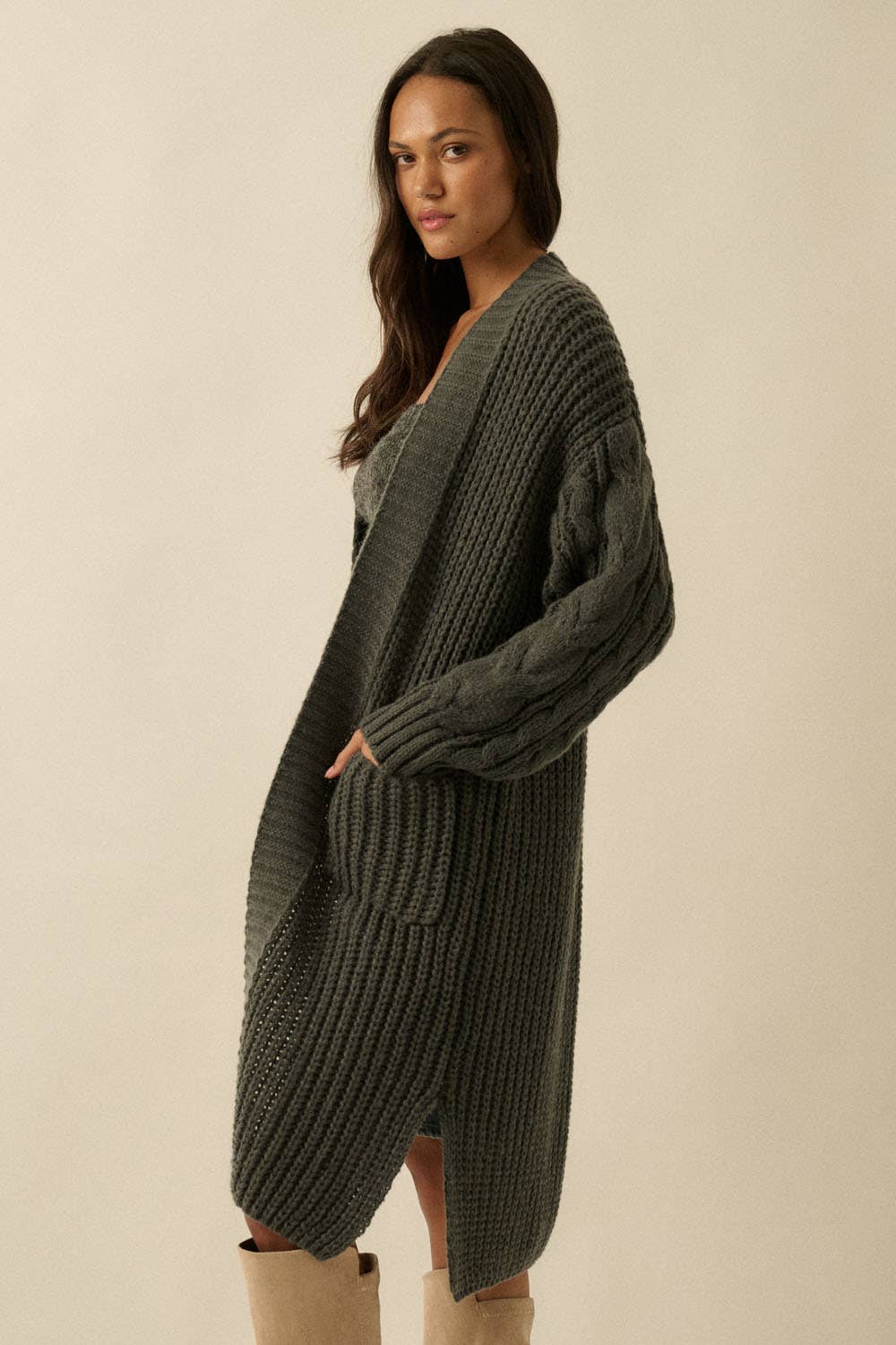 Solid Rib Knit Open Front Cable Knit Cardigan: Charcoal