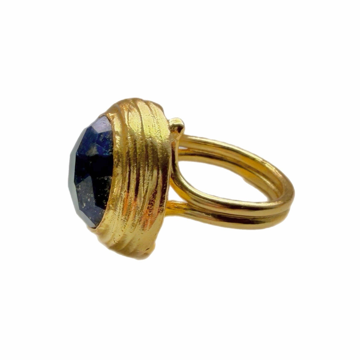 Eylul Lapis Lazuli Cocktail Ring with gold tone textured setting and faceted blue stone